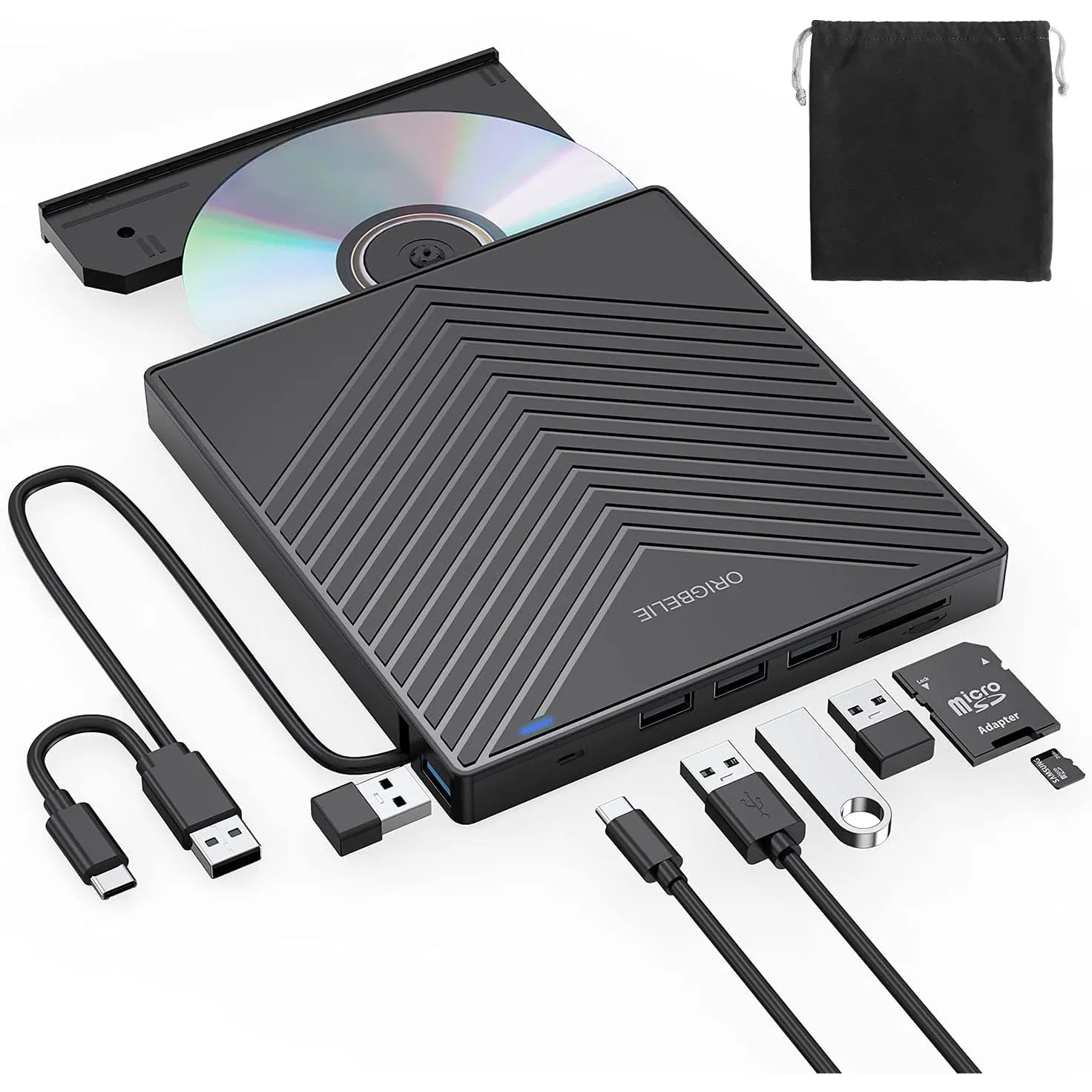 ORIGBELIE Externes DVD Laufwerk, ultraflacher CD-Brenner USB 3.0 mit 4 USB-Anschlüssen und 2 TF/SD-Kartensteckplätzen, …
