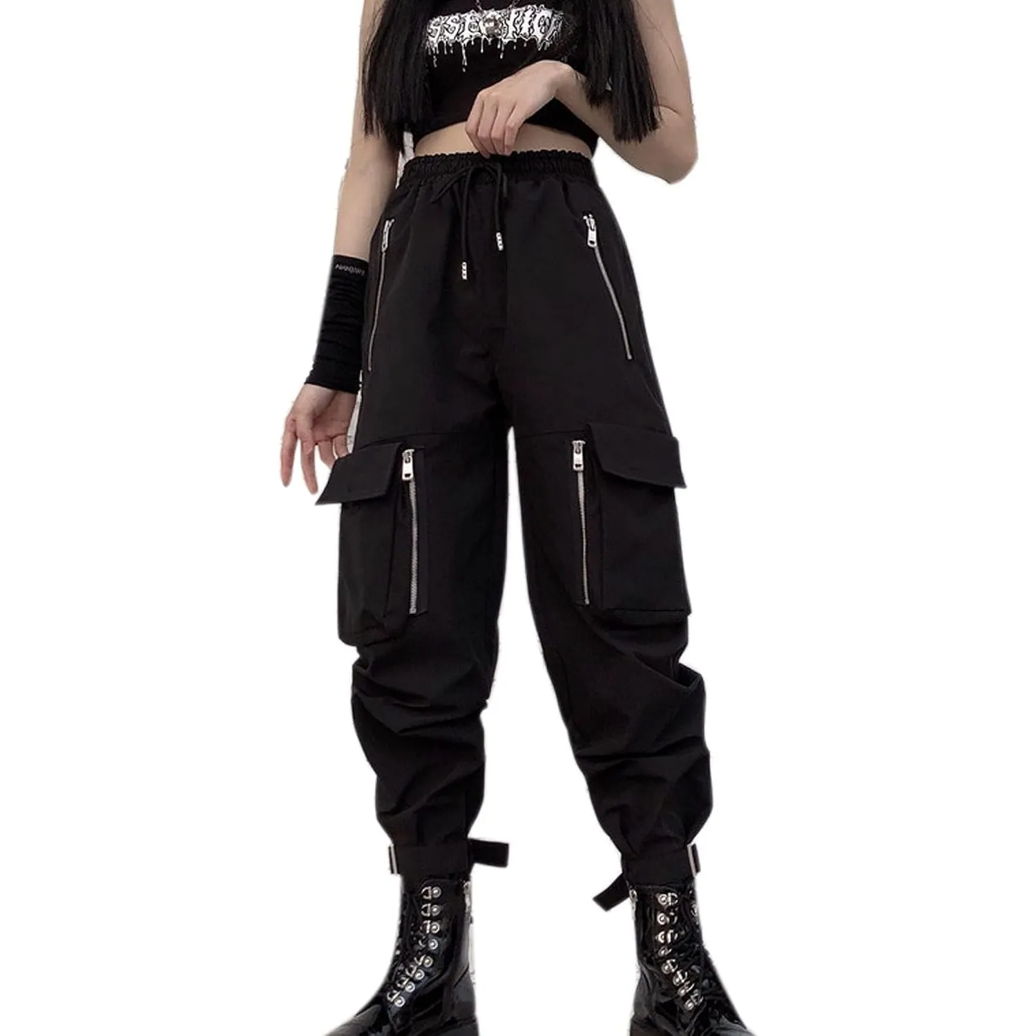 Schwarze Cargo-Hosen für Frauen, Taschige Hosen mit Mehreren Taschen, mehrere Taschen, Reißverschluss, gotische Punkhose