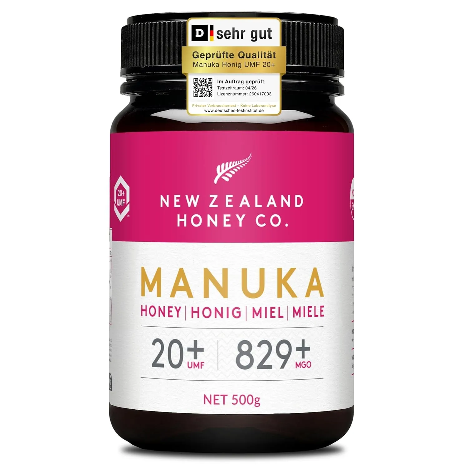 Manuka Honig MGO 829+ UMF 20+, monofloral, unabhängig laborgeprüft, 500g | Sehr hoher Aktivitätsgrad, UMF 20+ & MGO zer…