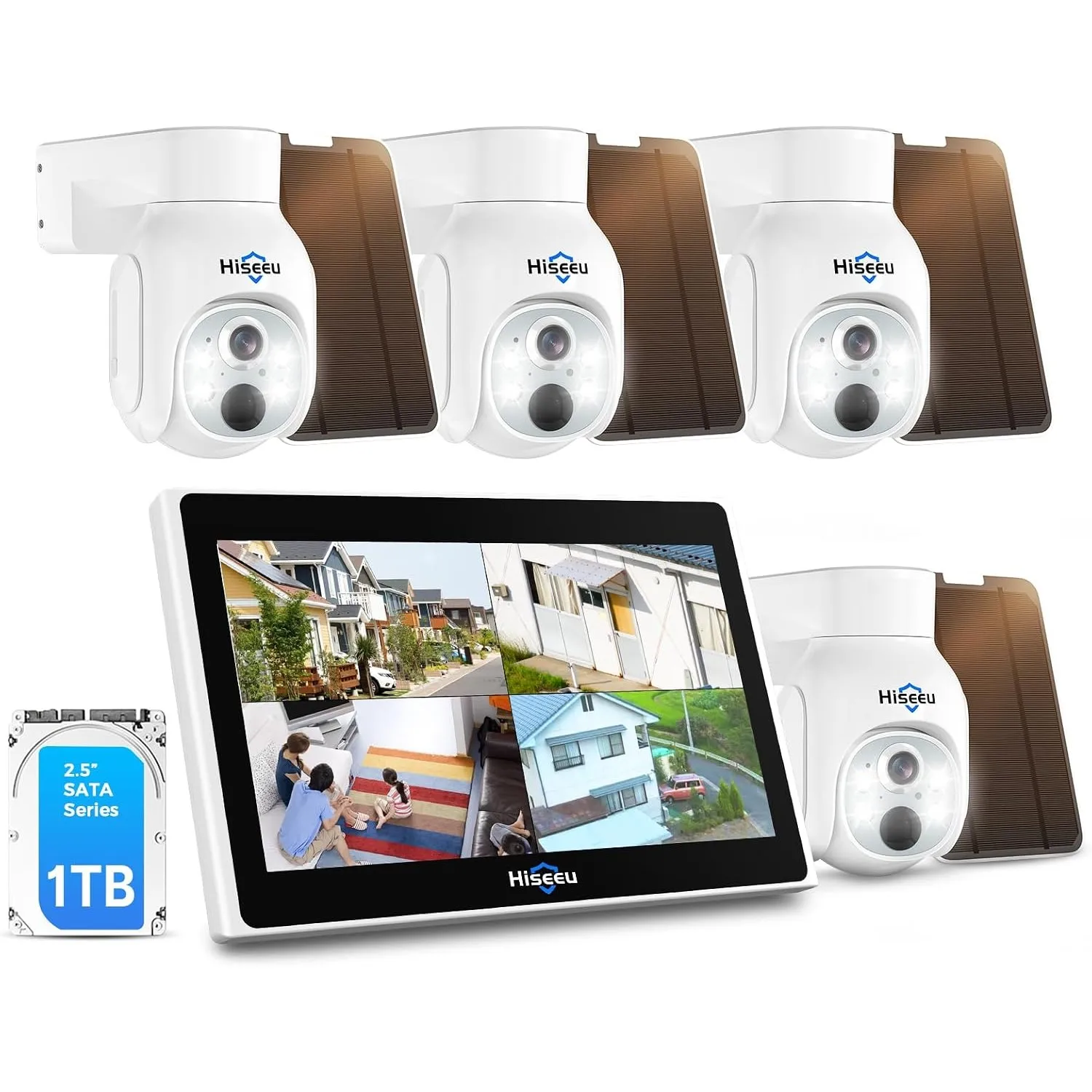 Hiseeu 4MP WLAN Solar-Überwachungskameras Aussen Akku mit 10" Monitor & 1TB