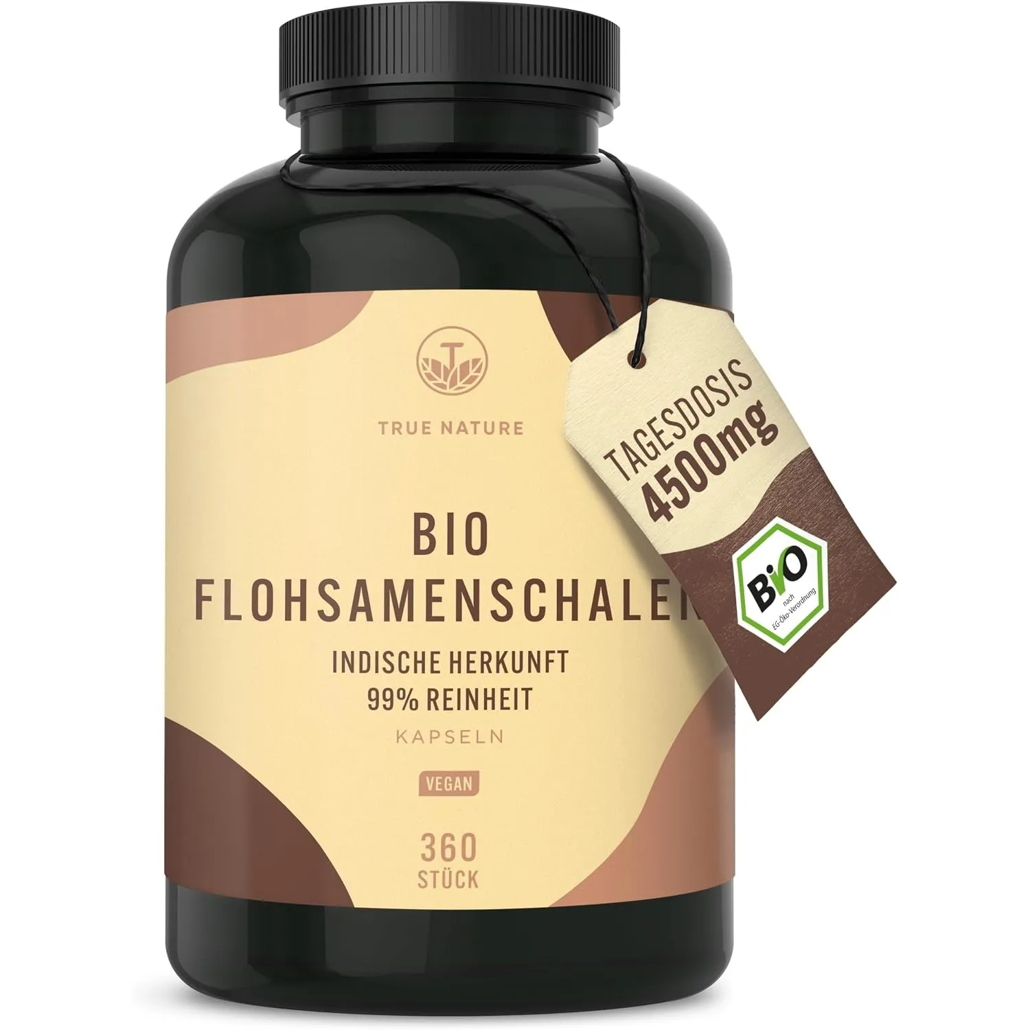TRUE NATURE Bio Flohsamenschalen Kapseln - 360 Stück - 4500mg/Tagesdosis