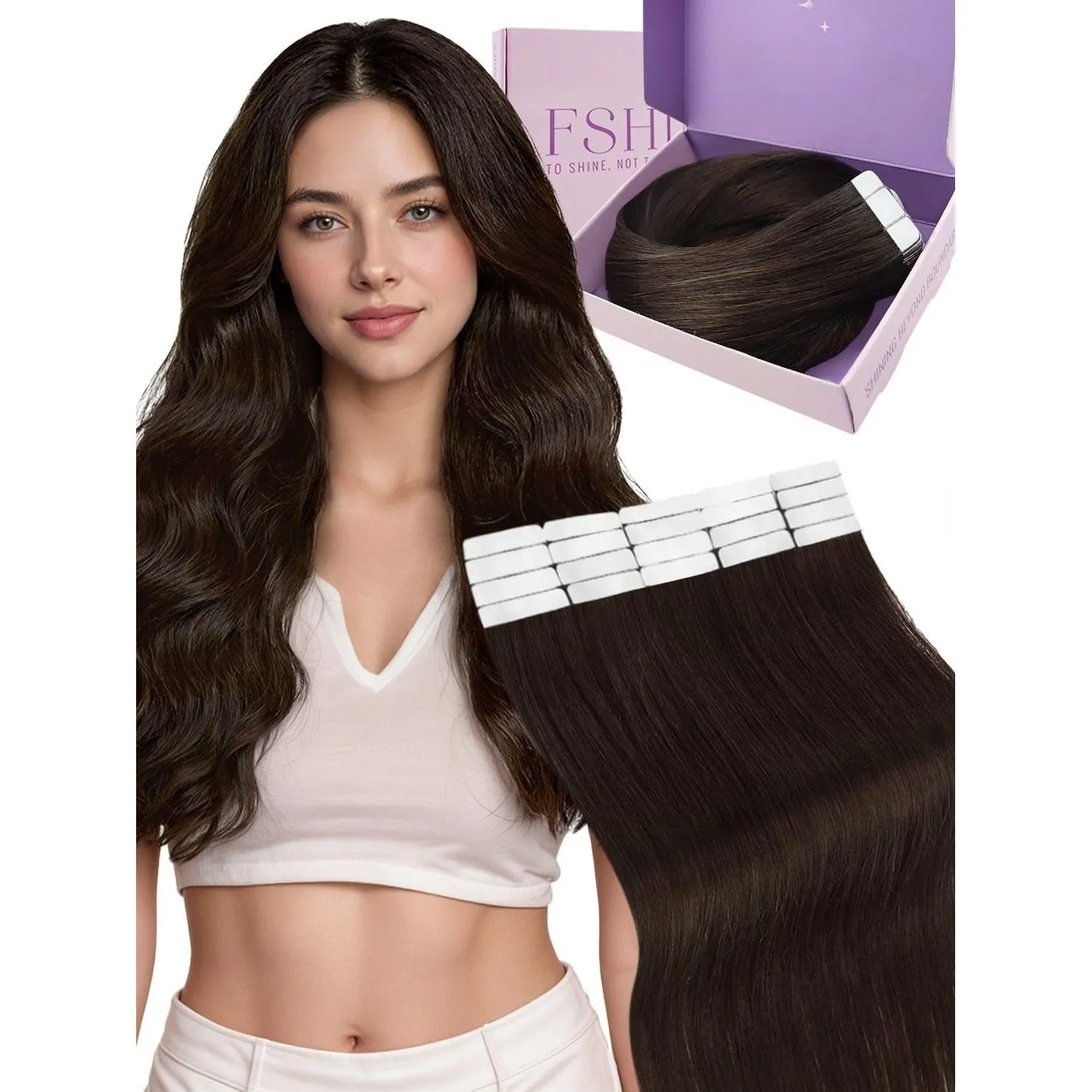 Fshine Tape Extensions Echthaar Dunkelbraun 40 cm 50 g 20 Stücke Echthaar Extensions Tape Braun für Dünnes Haar Klebe H…