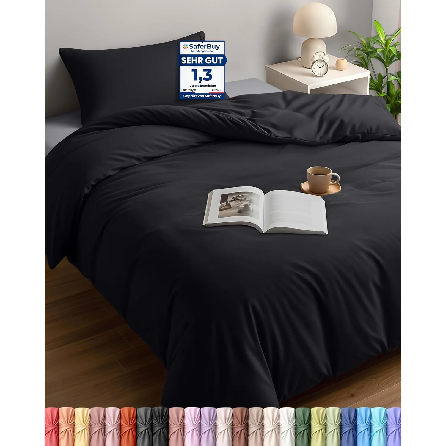 Utopia Bedding Bettwäsche 135x200 Set - Mikrofaser Bettbezug 135x200 cm + 1 Kissenbezug 50x75 cm - Schwarz
