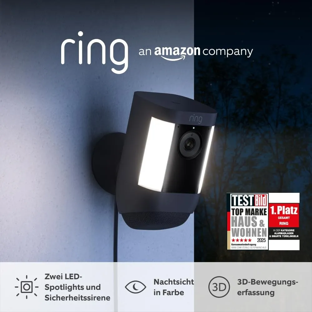 Ring Spotlight Kamera Pro Netzstecker (Spotlight Cam Pro Plug-in)| Außenkamera, 2K-Video mit Ring Vision, 3D-Bewegungse…