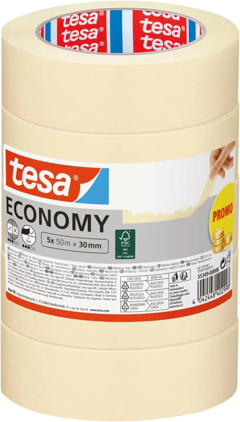 tesa Malerband ECONOMY - vielseitiges Malerkrepp für Malerarbeiten ohne Lösungsmittel - bis zu 4 Tage nach Gebrauch rüc…