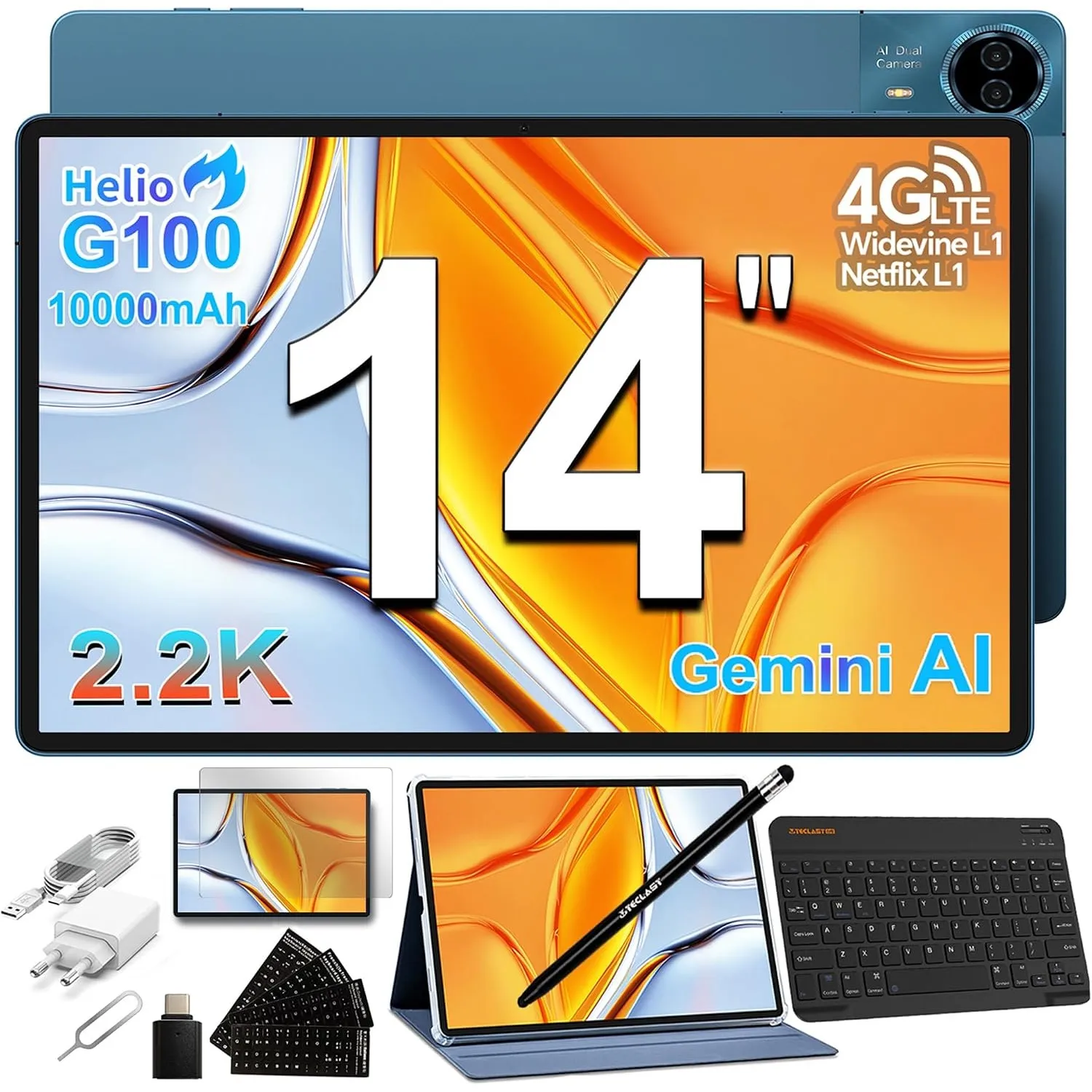 TECLAST T70 Tablet 14 Zoll 2.2K Gaming Tablets, Helio G100 2.2GHz Octa-Core, 10000mAh/18W PD, 20GB RAM+128GB(8TB TF), 4…