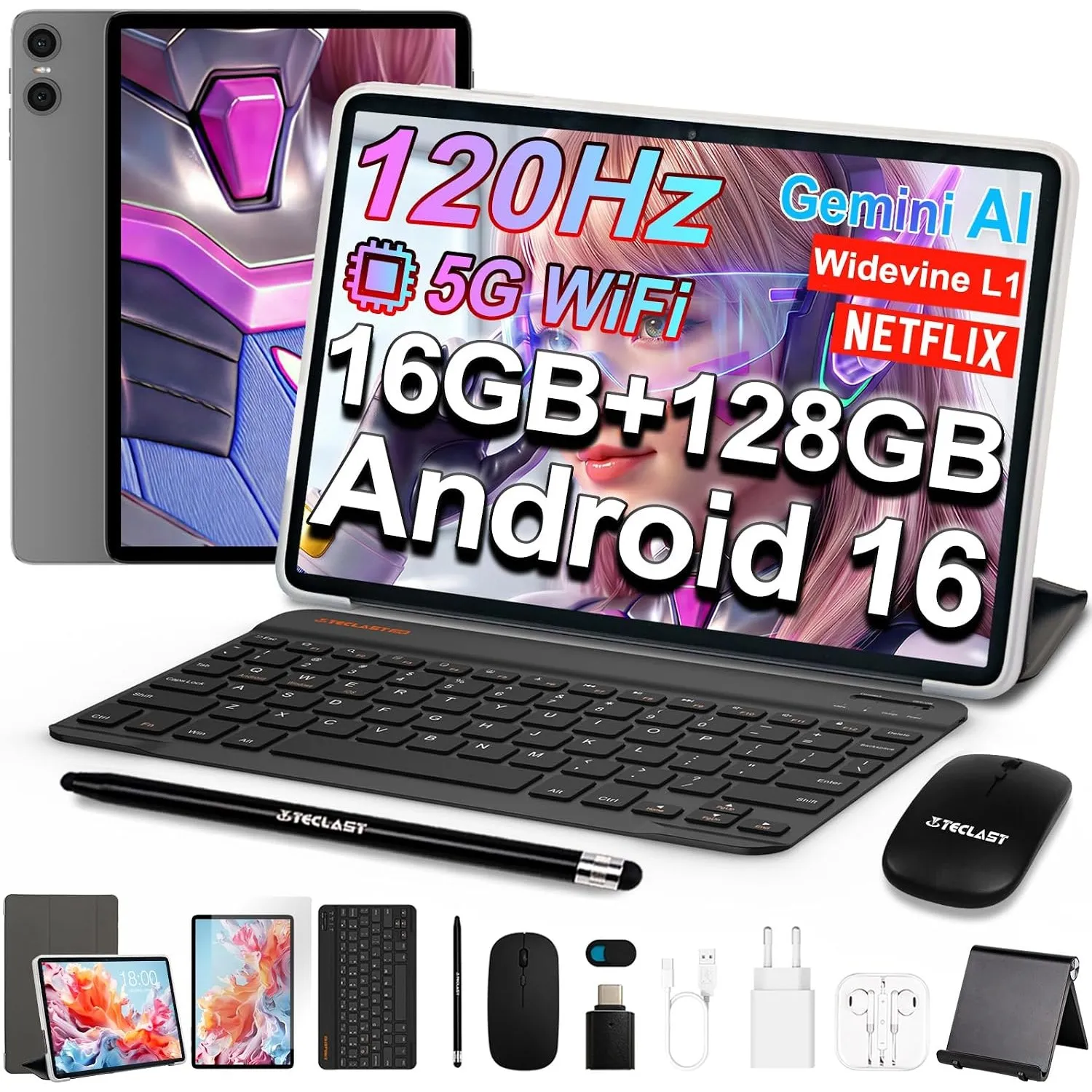TECLAST P30T Android 16 Tablet 10.1 Zoll 120Hz Display, 10 Zubehör Tablets mit Tastatur+Hülle+Stift+Maus, 16GB RAM+128G…