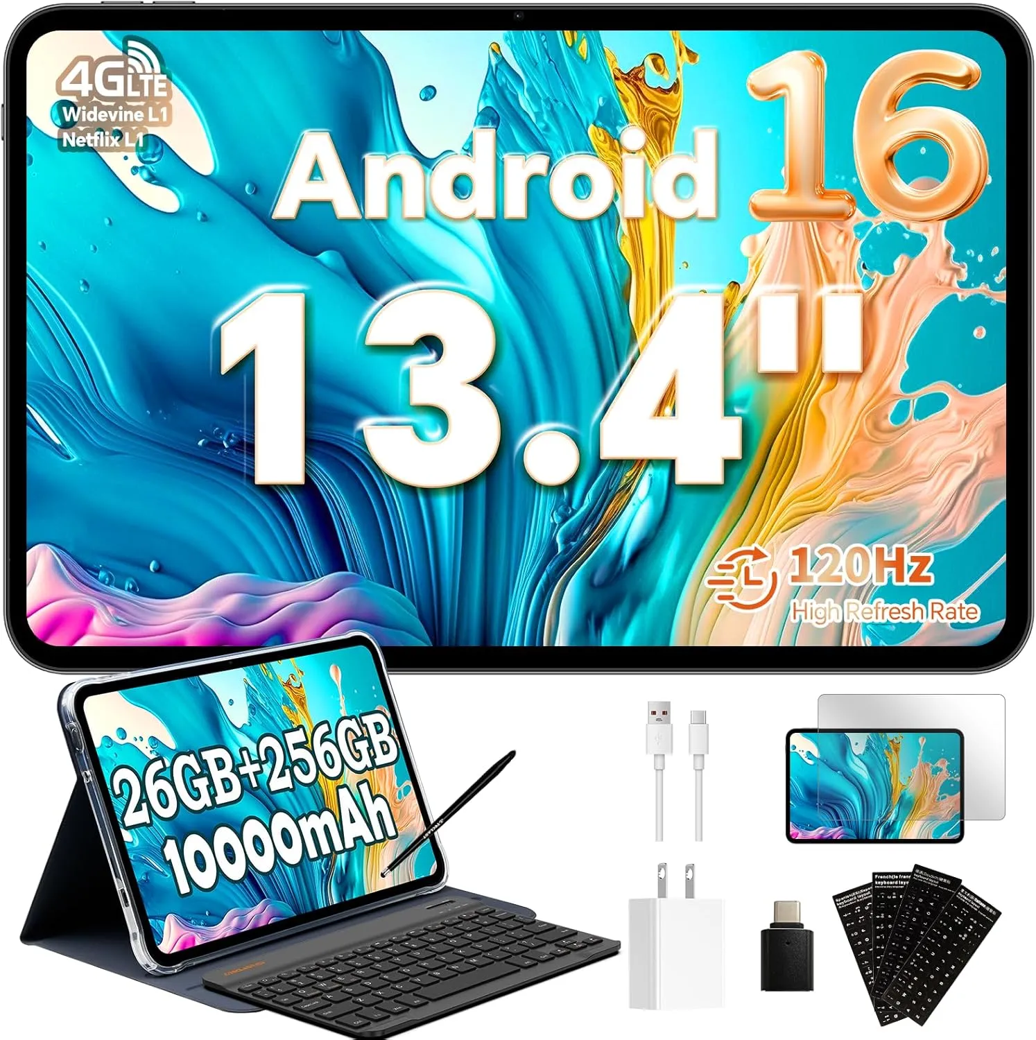TECLAST Tablet T65Case 13.4 Zoll 120Hz Display, 10000mAh, Android 16 Tablets, 26GB RAM+256GB ROM(4TB TF), 4G LTE Dual S…