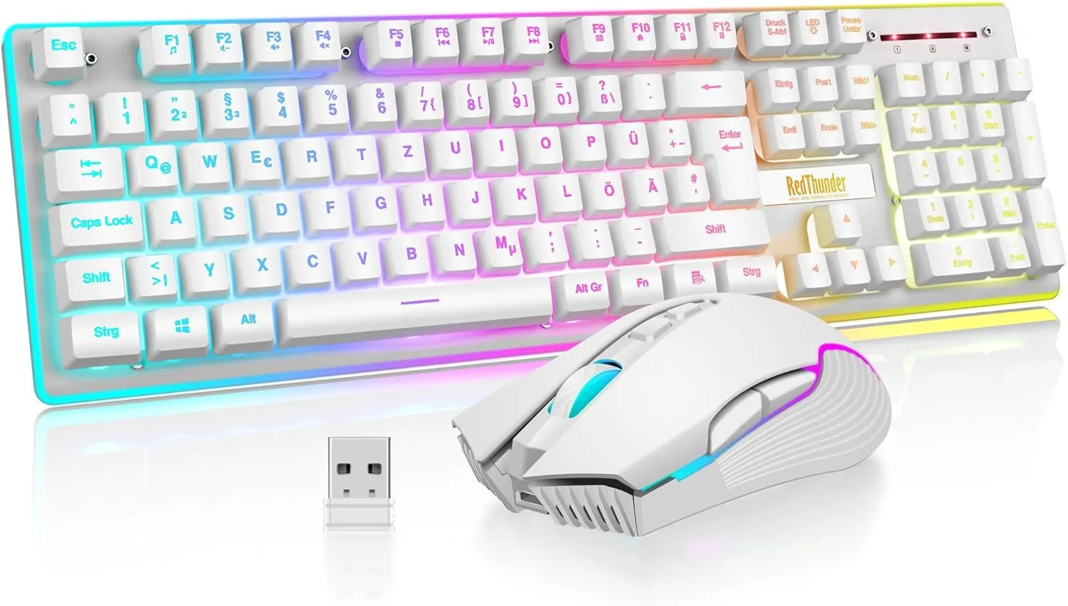 RedThunder K10 Kabelloses Gaming Tastatur und Maus Set, QWERTZ DE-Layout LED Hintergrundbeleuchtung, 3000mA Batteriekapazität und 3200 DPI für Gamer(Weiß)