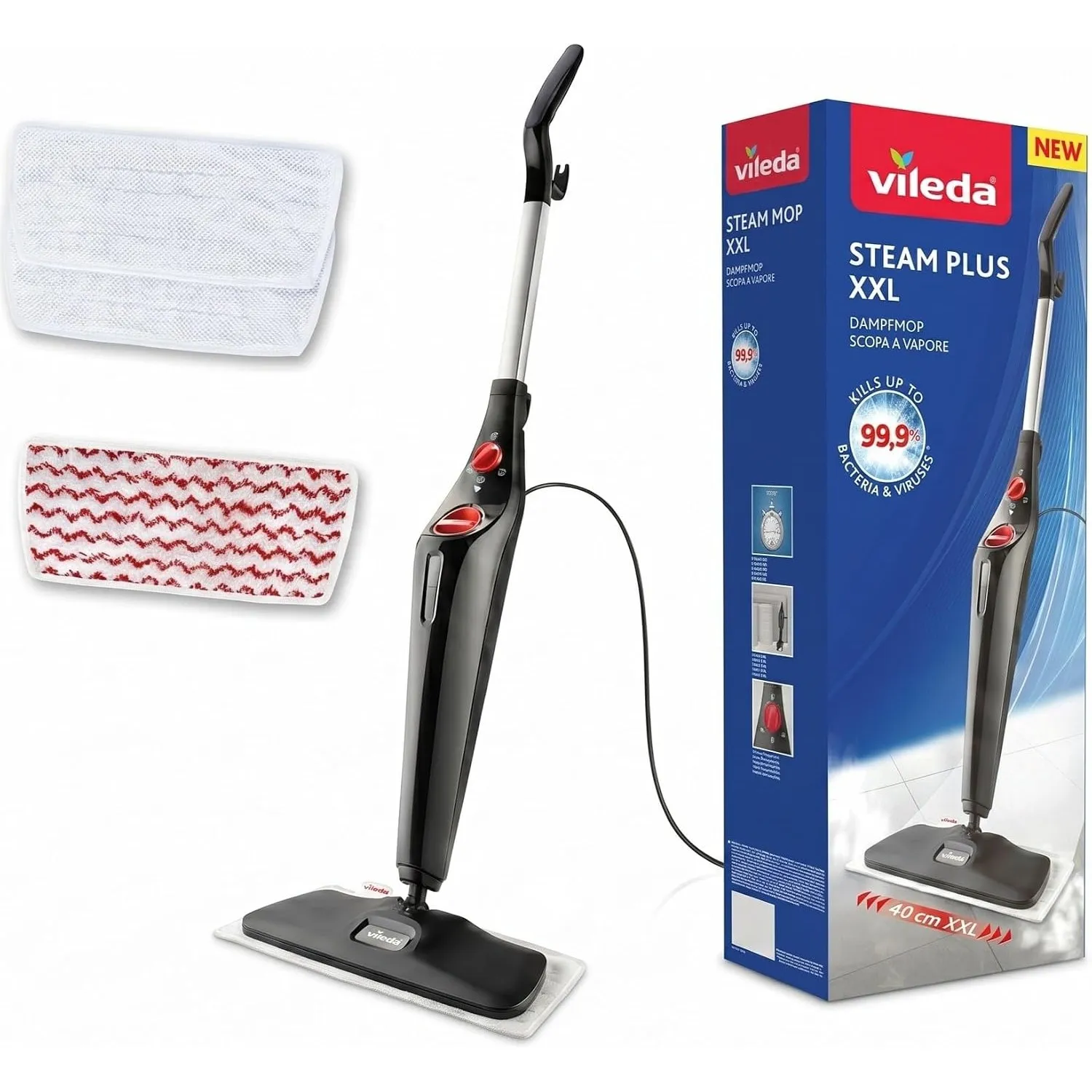 Vileda Steam Plus XXL Dampfreiniger für Böden und Teppiche mit PowerPad und 2 Mikrofaserbezügen | 40 cm Wischerplatte |…