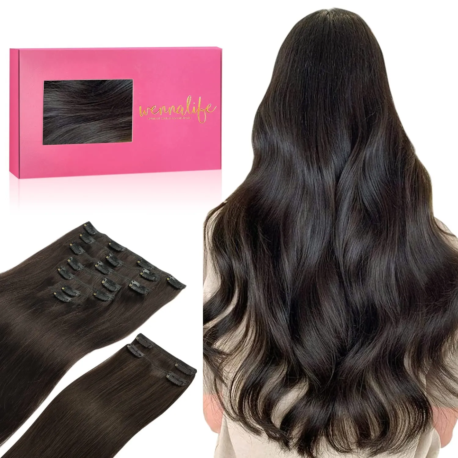 WENNALIFE Clip In Extensions Echthaar, 150g 45cm 9pcs Dunkel Braun Clip In Extensions Hair Extensions Clip In Remy Natü…