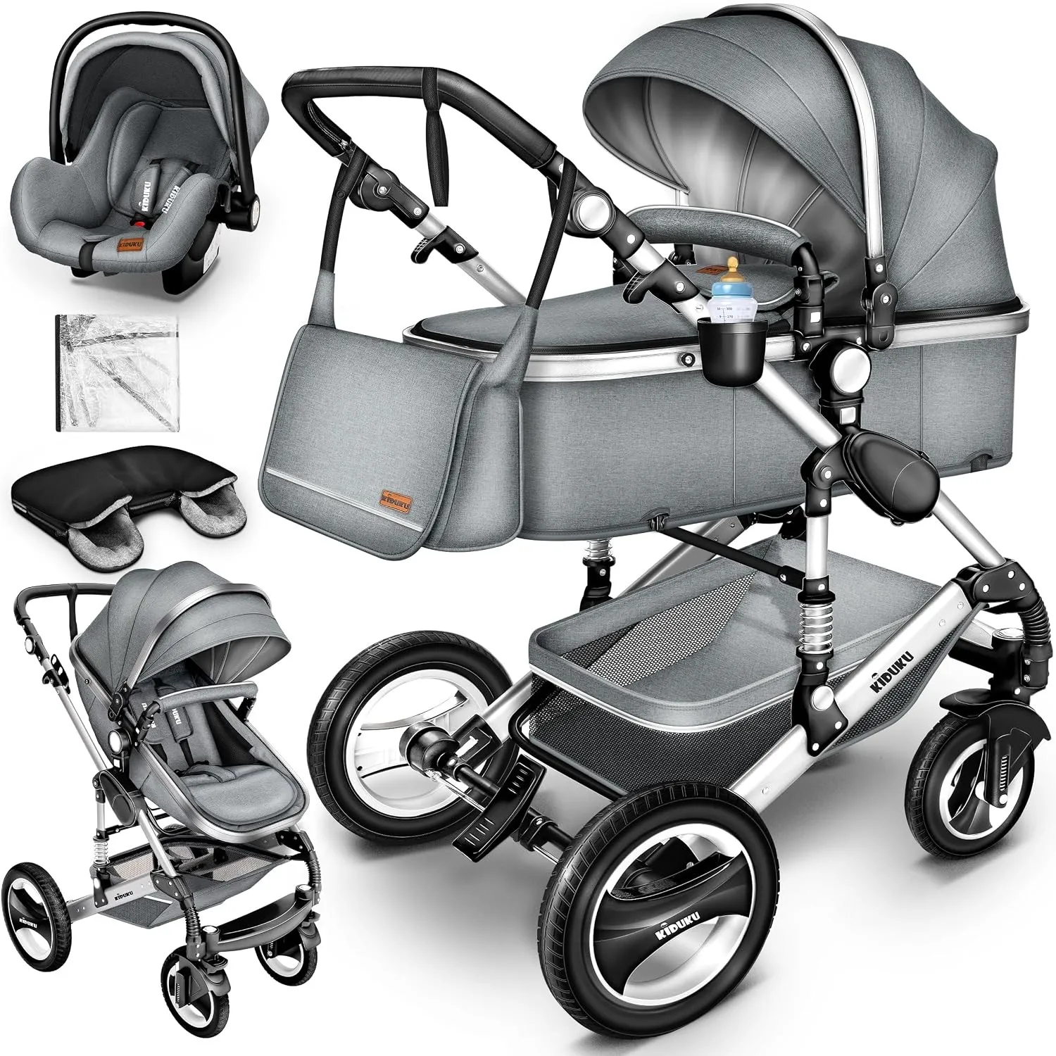 KIDUKU® 3 in 1 Kinderwagen XXL Komplettset | Kombikinderwagen Set inkl. Babywanne Buggy Sportsitz & Auto-Babyschale Fuß…