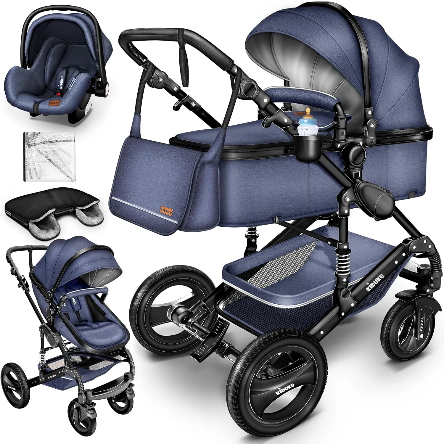 KIDUKU® 3 in 1 Kinderwagen XXL Set inkl. Babywanne Buggy Auto-Babyschale