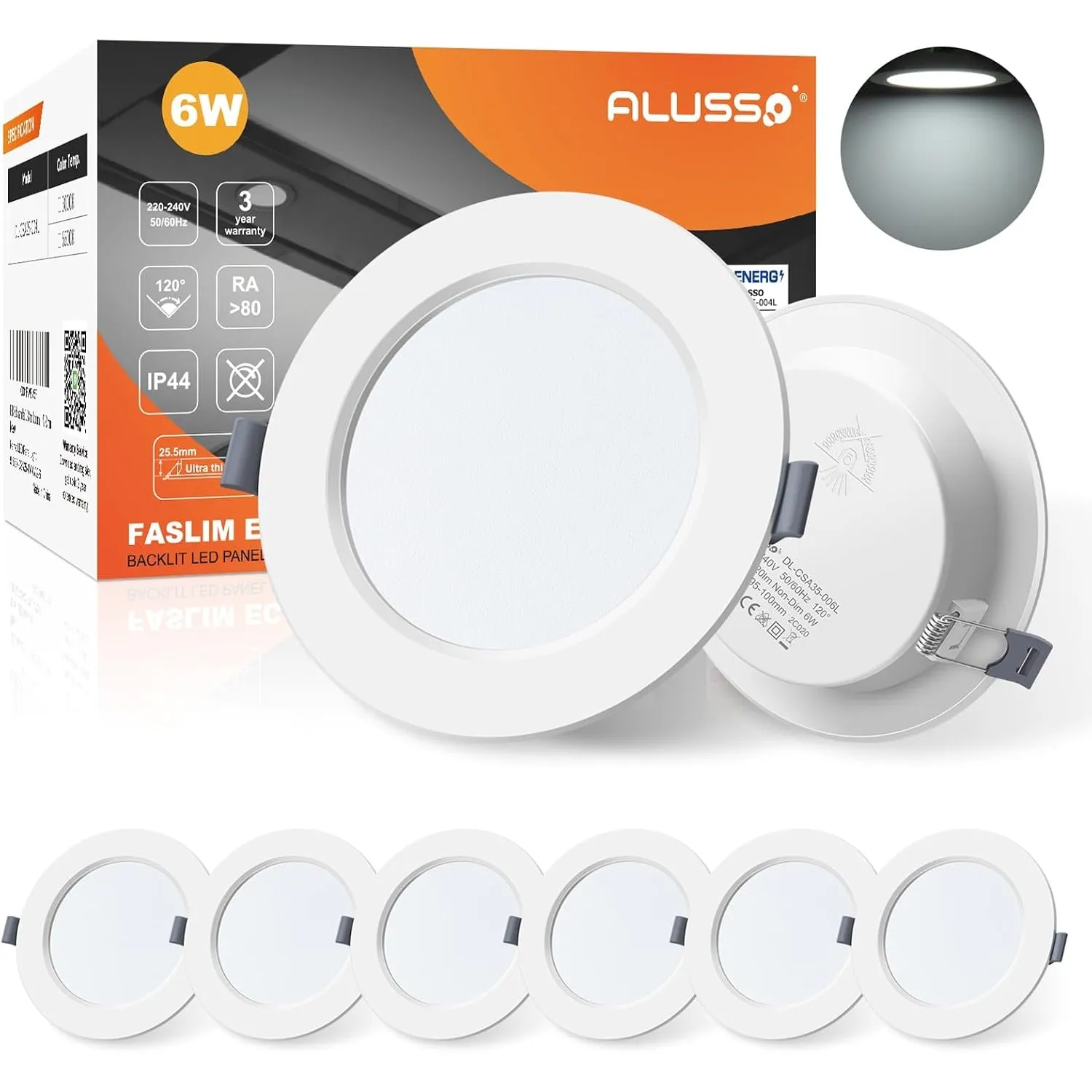 ALUSSO LED Einbaustrahler 230V 6W Kaltweiß IP44, Lochmaß 95-100MM, 6er Set