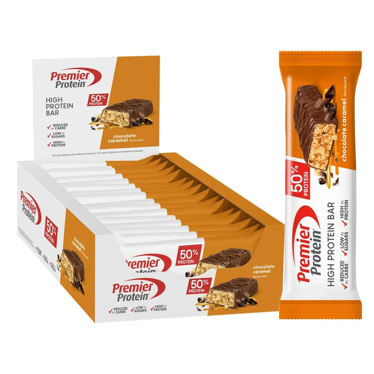 Premier Protein - High Protein Bar 50% - Chocolate Caramel - 16x40g - Low Sugar - Low Carb - palmölfrei