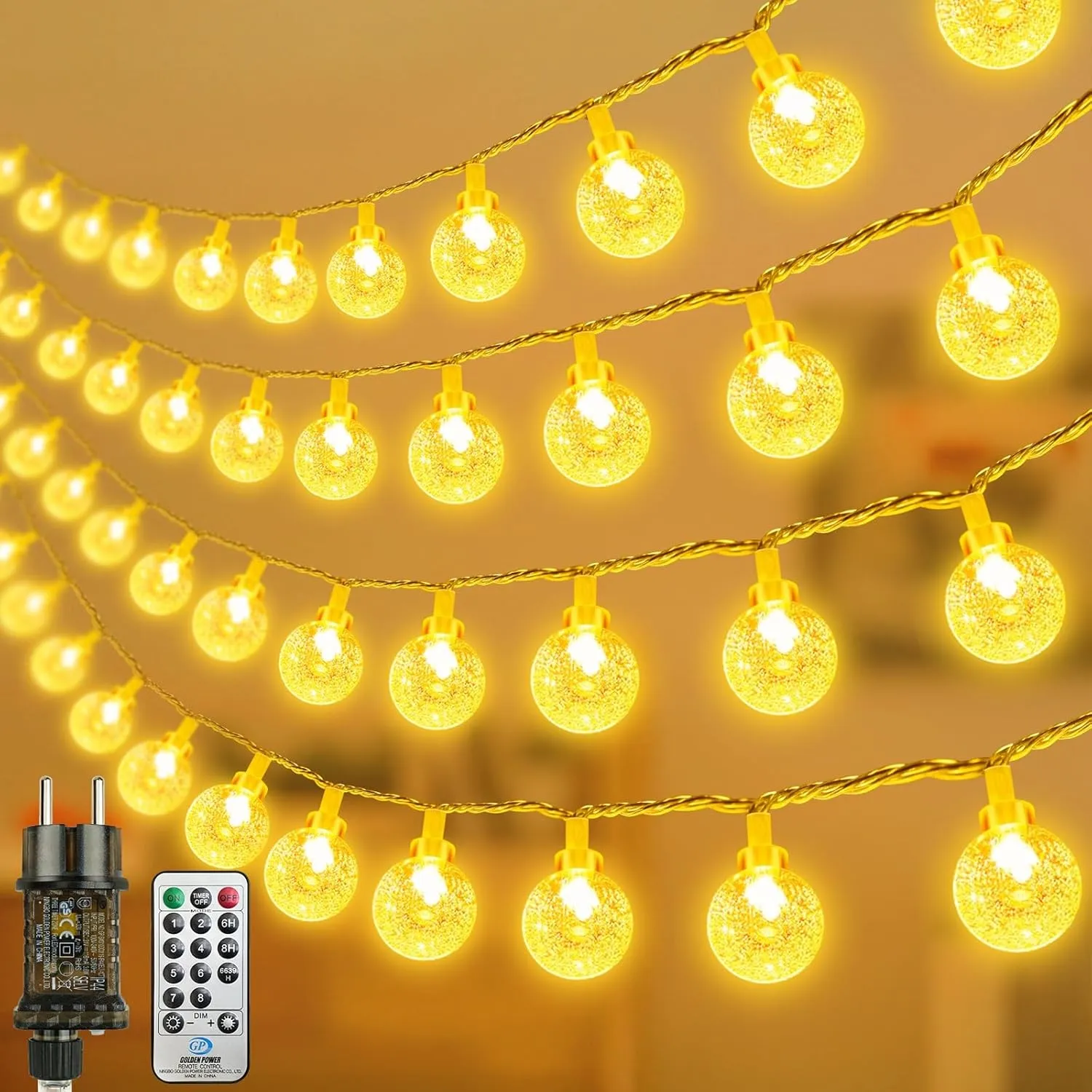LED Lichterkette Strombetrieben,15M Lichterkette Kugel warmweiß mit Stecker für Außen und Innen,IP44 Wasserdicht Lichte…