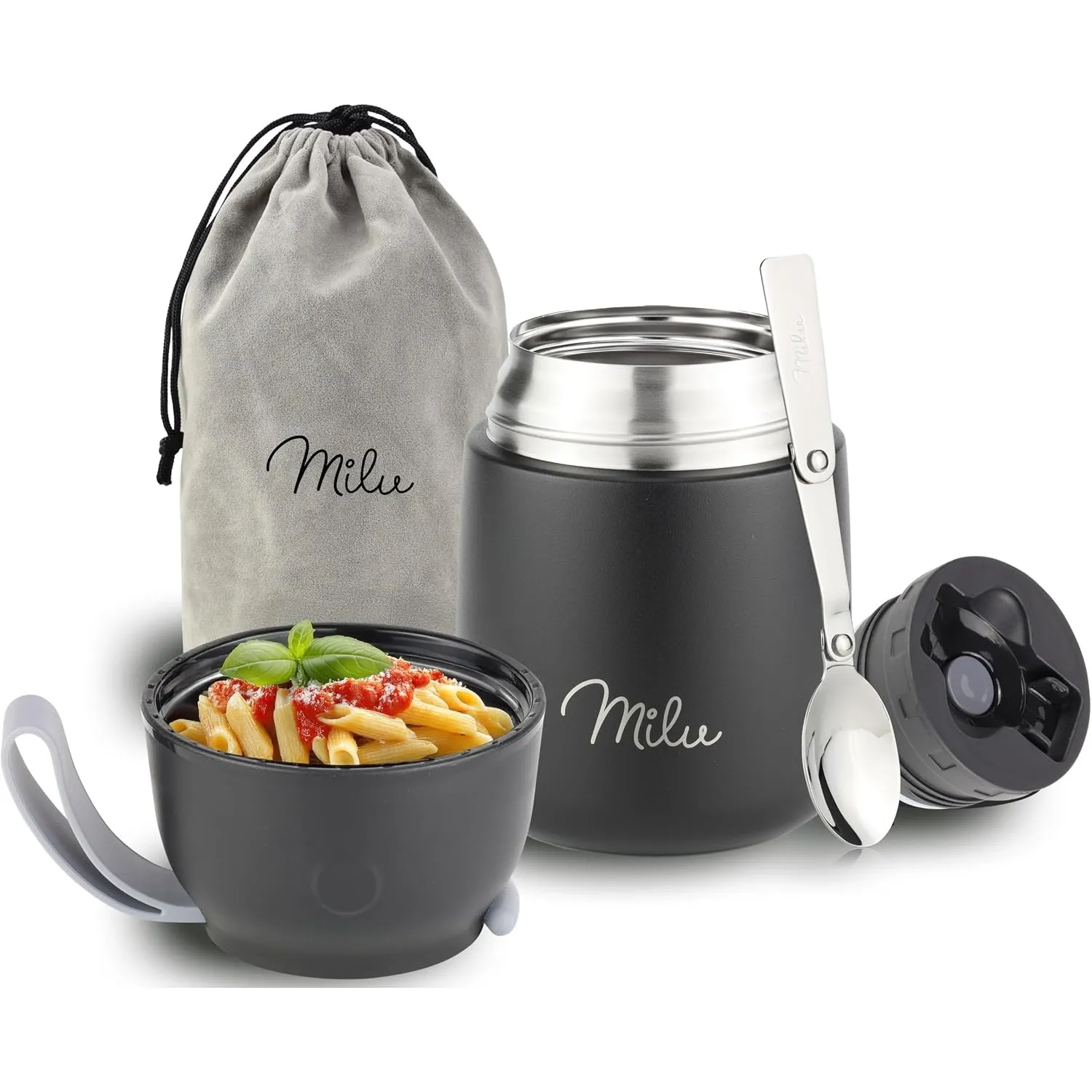 Milu® Thermobehälter für Essen 450ml, Edelstahl Warmhaltebehälter mit Löffel, Thermobecher Essen, Thermo Lunchbox für K…