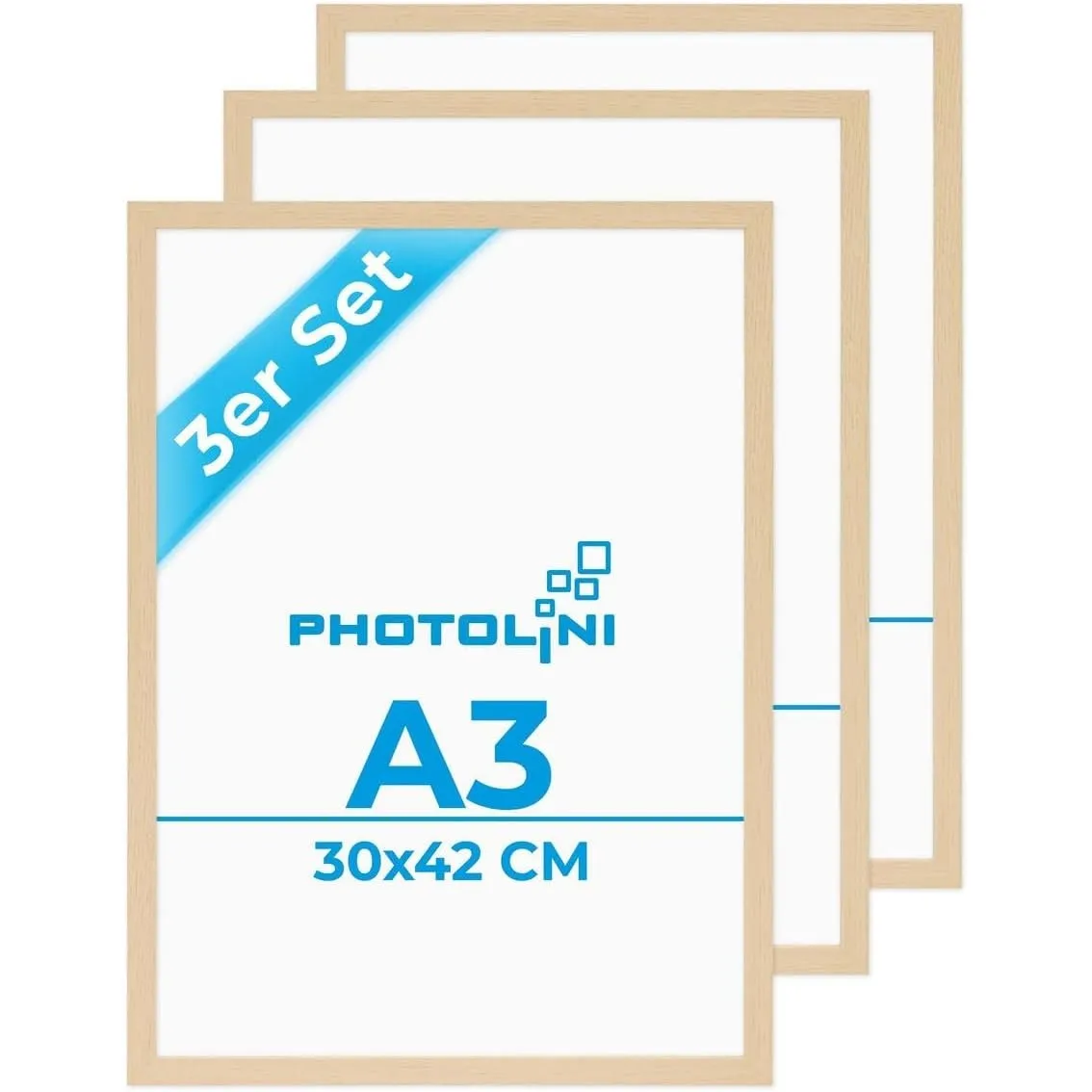 PHOTOLINI Bilderrahmen A3 Holz MDF Natur, 3er Set A3 Bilderrahmen 30x42 Holz MDF, DIN A 3 Rahmen mit Acrylglas, Picture…