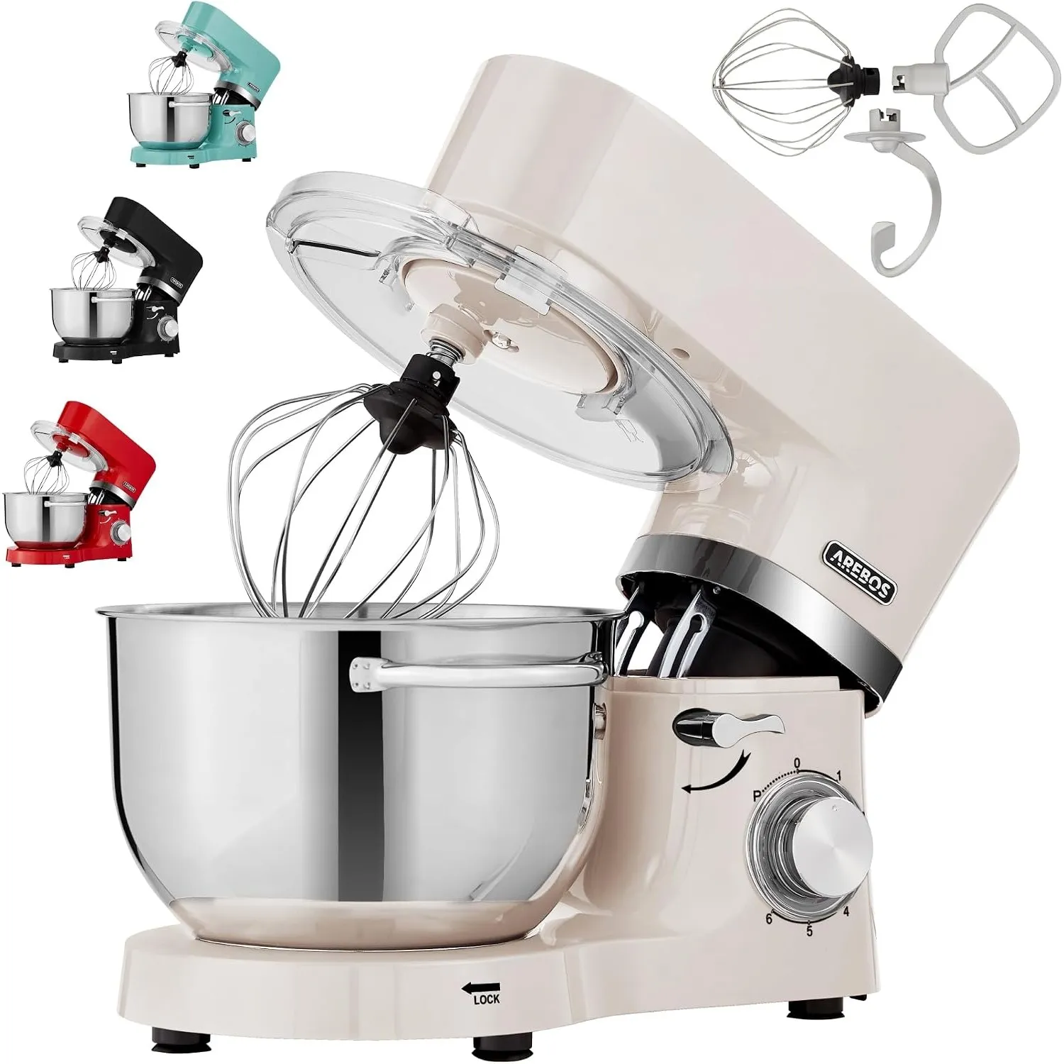 Arebos Küchenmaschine 1500 W Creme | Knetmaschine | Geräuscharm | Rührhaken