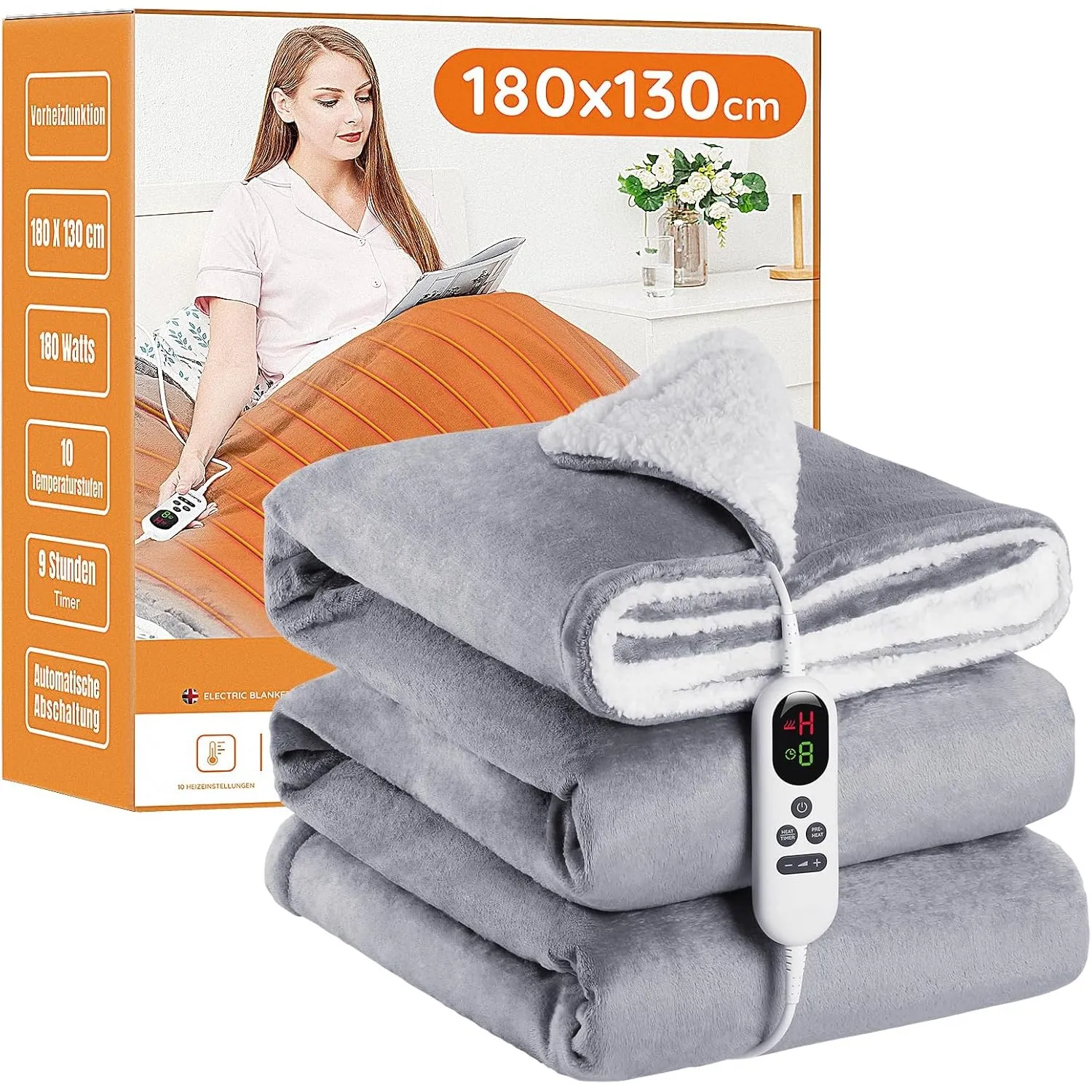 Mia&Coco Heizdecke mit Abschaltautomatik, 130x180cm Doppelgröße Home,Grau