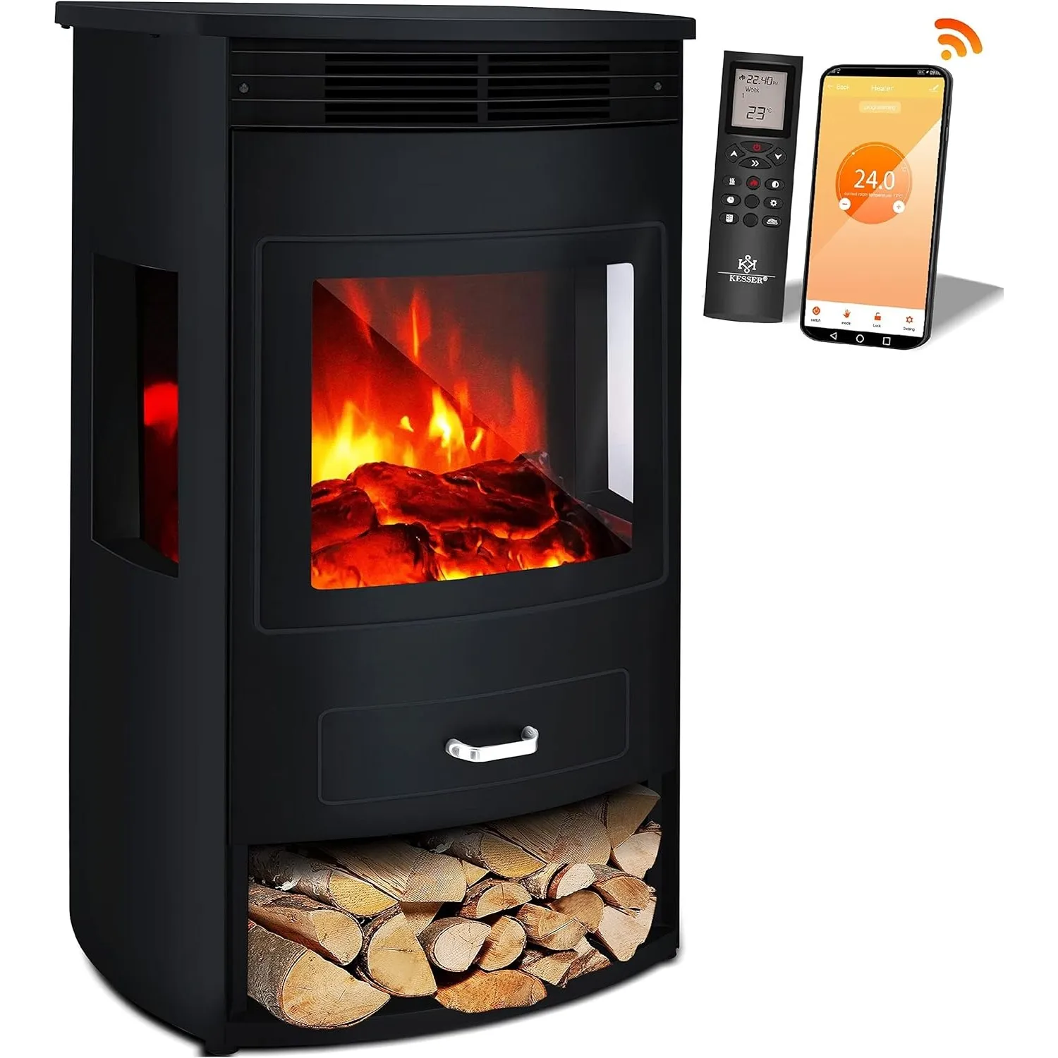 KESSER® Prio Elektrokamin mit Heizung Heizlüfter Fernbedienung WiFi App 950/1900 W Kamin elektrisch LED-Flammeneffekt K…