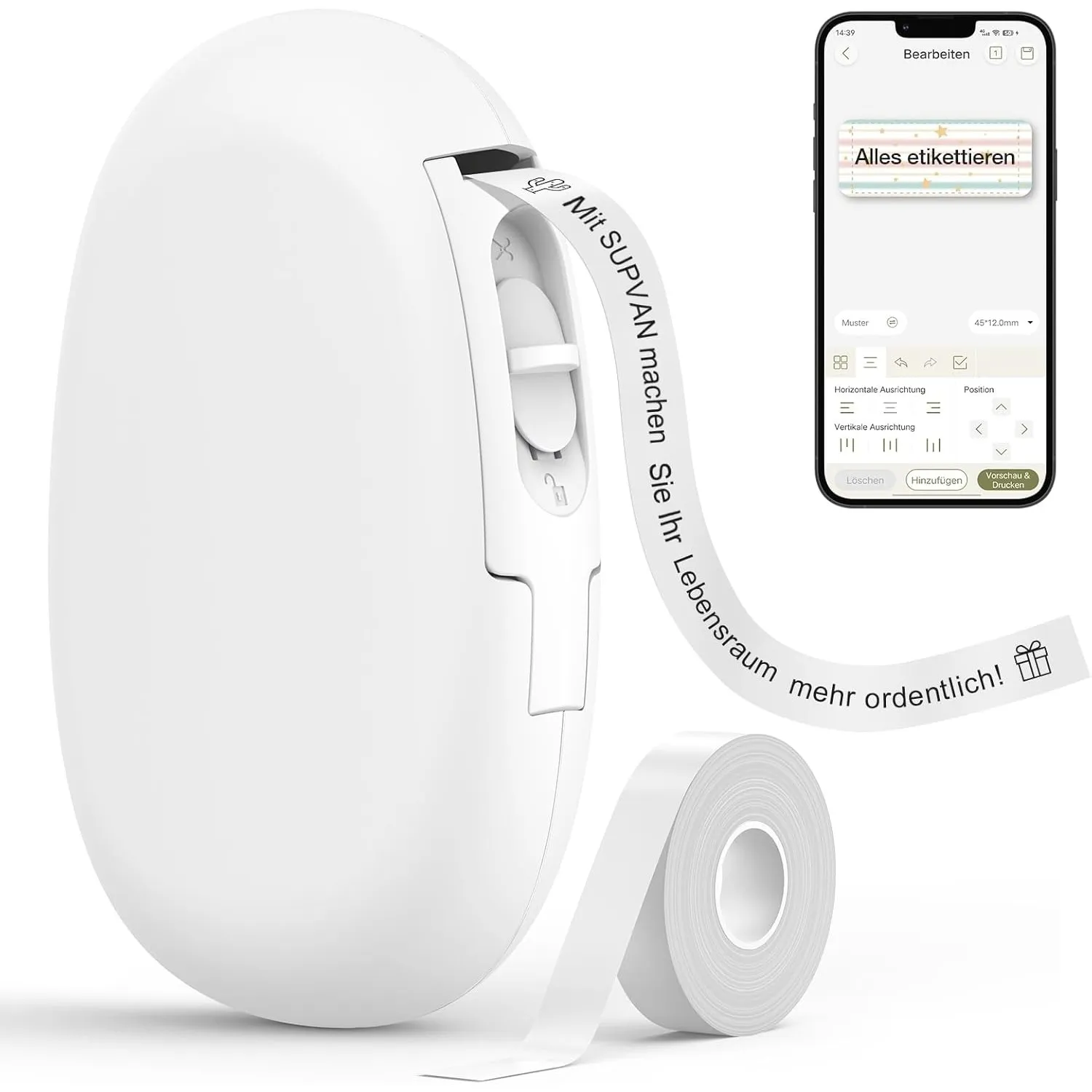 SUPVAN E10 Etikettendrucker mit wasserdichte Etiketten selbstklebend (15 mm x 6 m), tragbares Etikettiergerät Bluetooth…