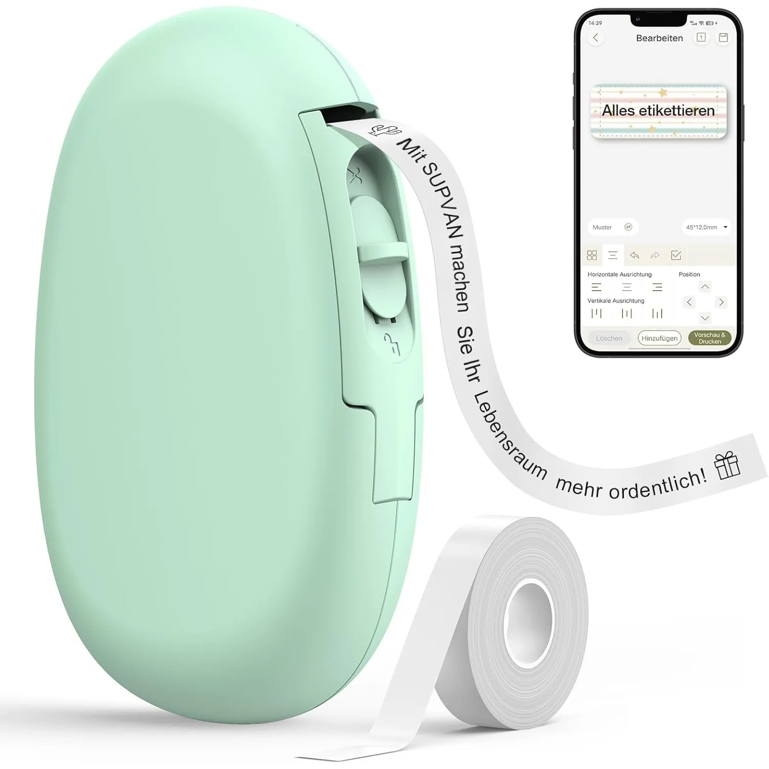 SUPVAN E10 Etikettendrucker mit wasserdichte Etiketten selbstklebend (15 mm x 6 m), tragbares Etikettiergerät Bluetooth…