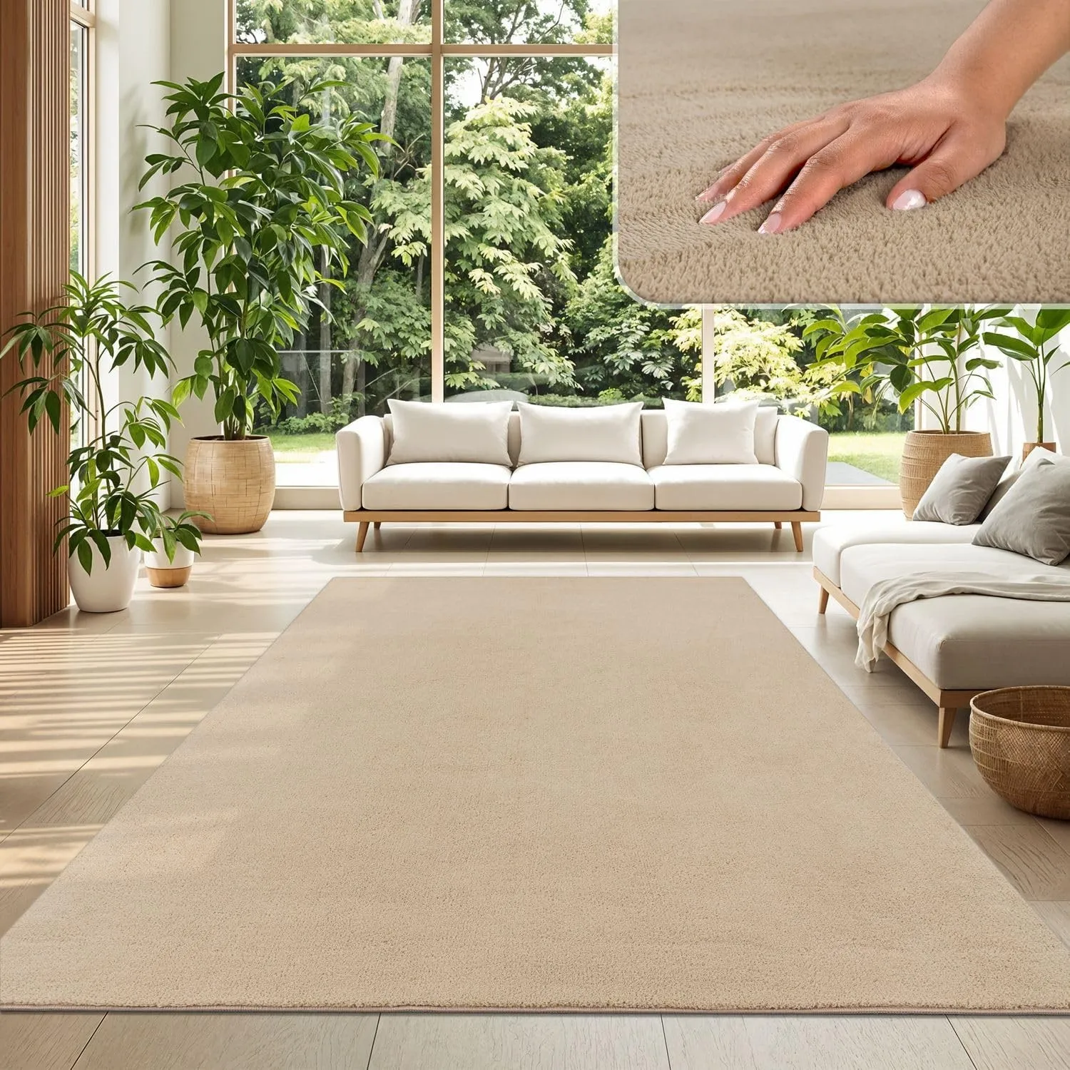 TT Home Wohnzimmer Teppich Kurzflor Anti-Rutsch Rückseite Unifarben Modern Waschbar, Farbe: Dunkelbeige, Größe:200x280 …