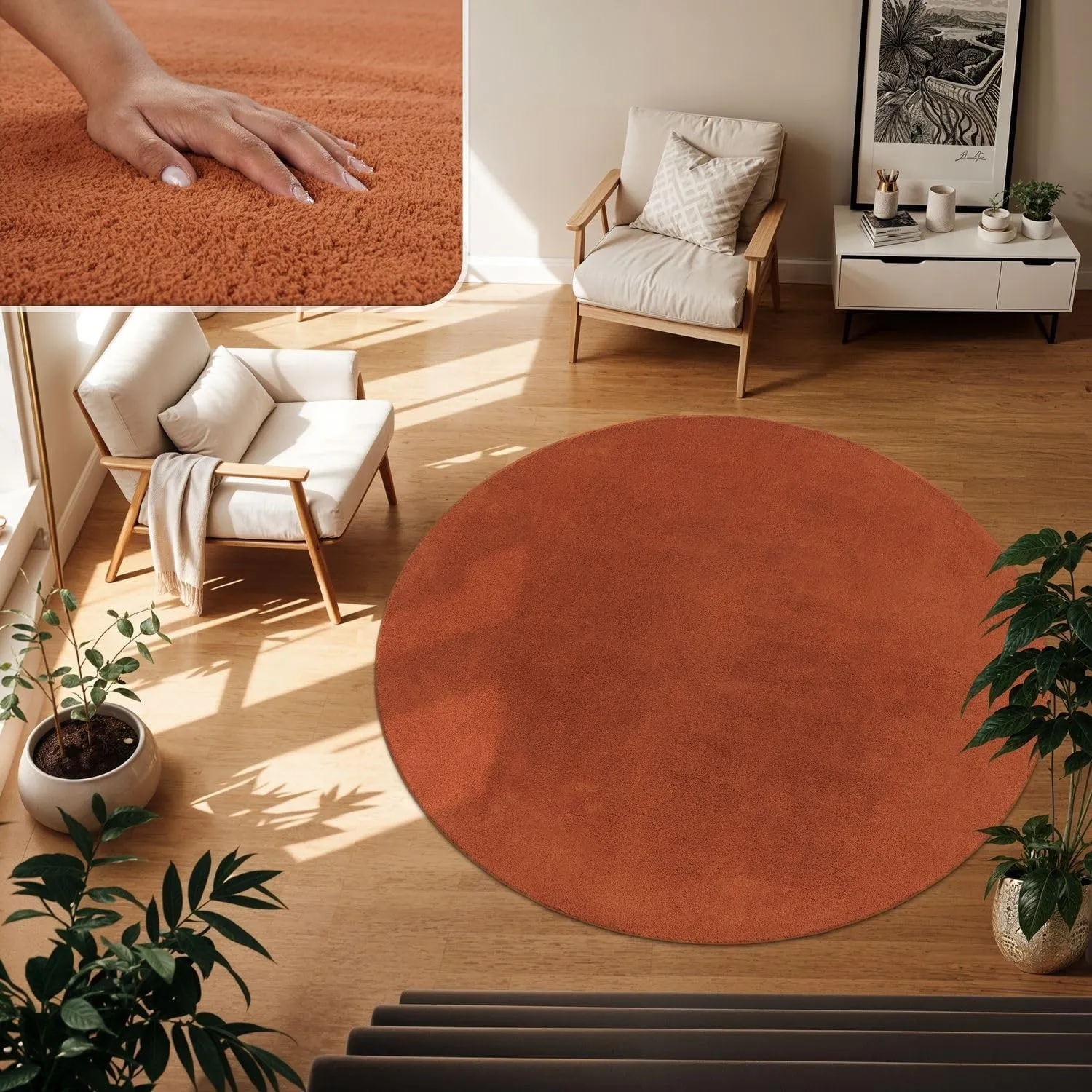 TT Home Teppich Wohnzimmer Kupfer 160 cm Rund, Waschbar & Kurzflor