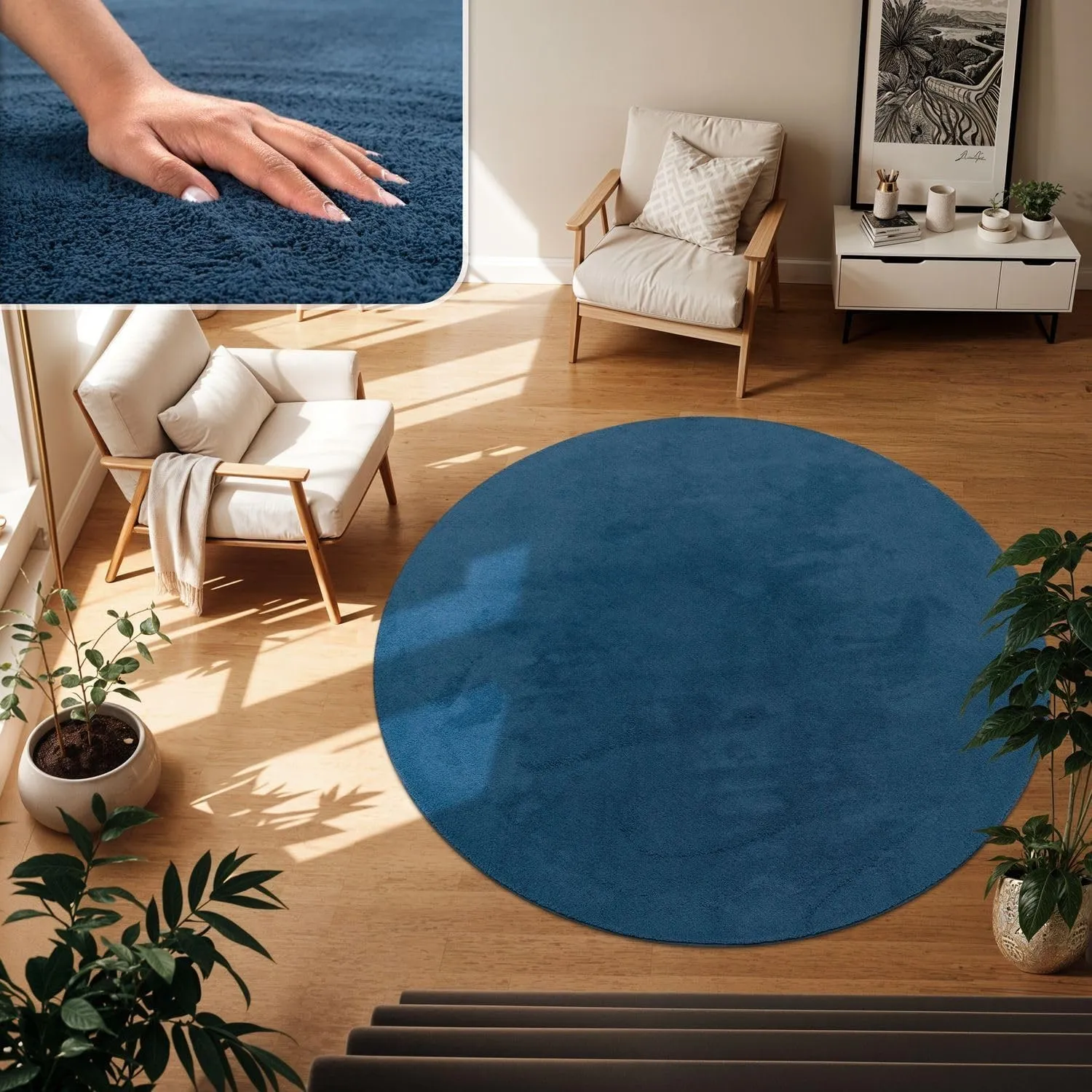 TT Home Teppich Wohnzimmer Blau 200 cm Rund, Waschbar & Kurzflor