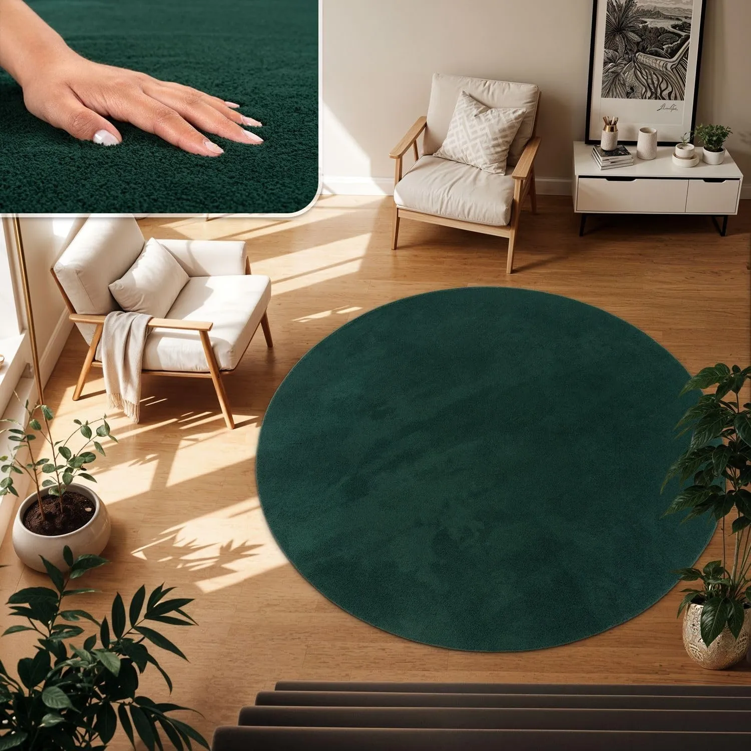 TT Home Teppich Wohnzimmer Grün 200 cm Rund, Waschbar & Kurzflor