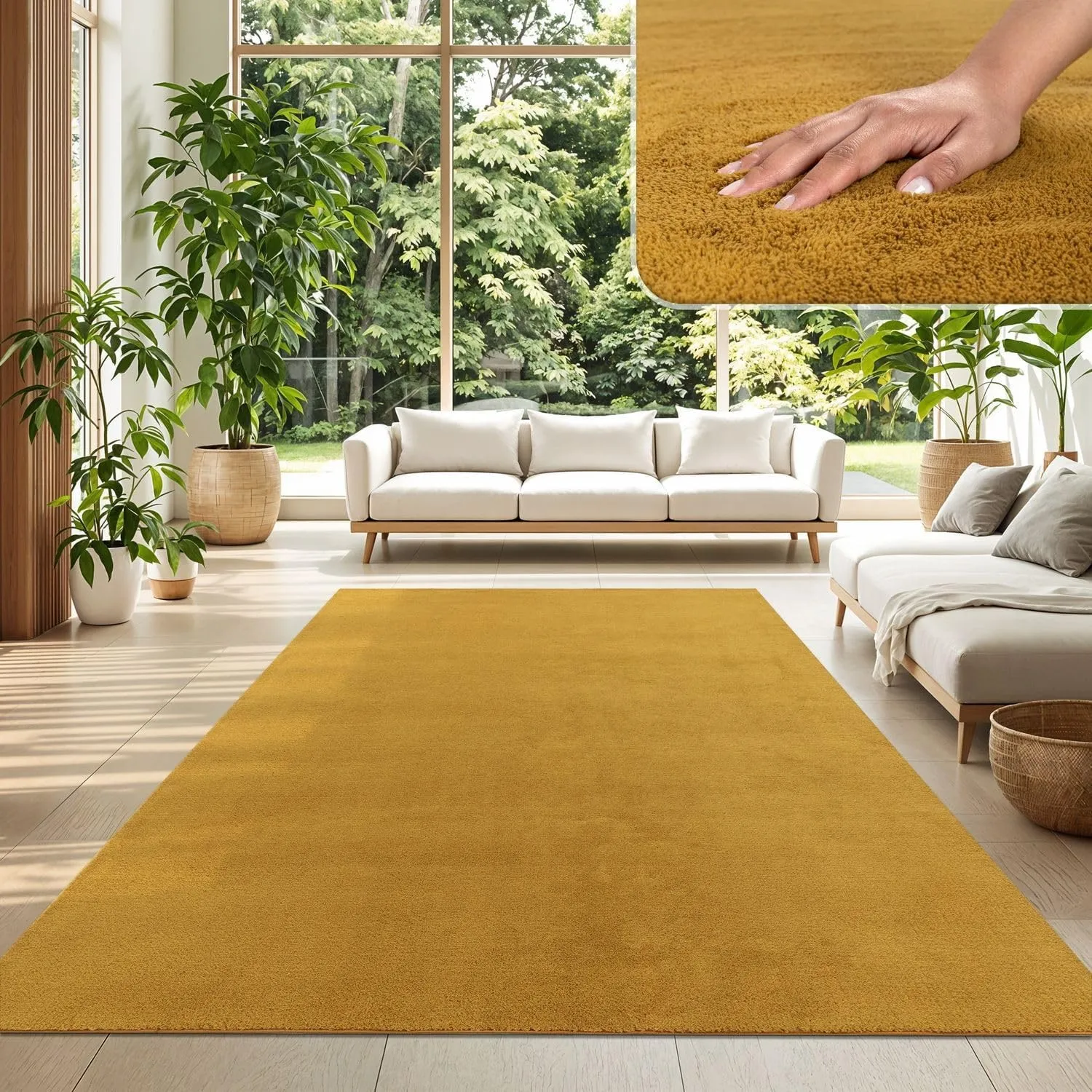 TT Home Teppich Wohnzimmer Gelb 240x340 cm, Waschbar & Kurzflor