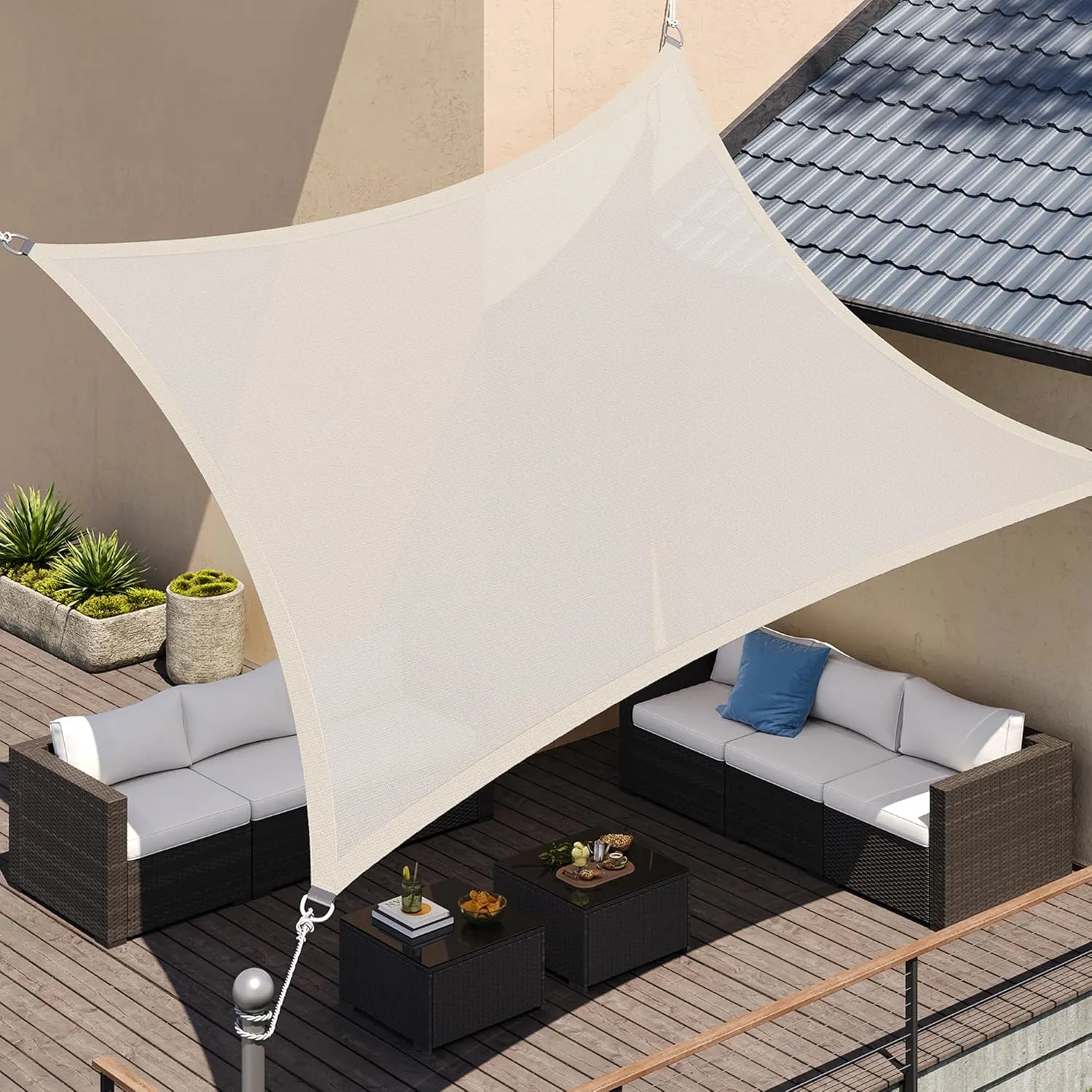SONGMICS GSS35IVV1001 Sun Shade Sail 3 x 5 m, HDPE Fabric Sun Shade Sail, Air Permeable, Water Permeable, for Patio, Ga…