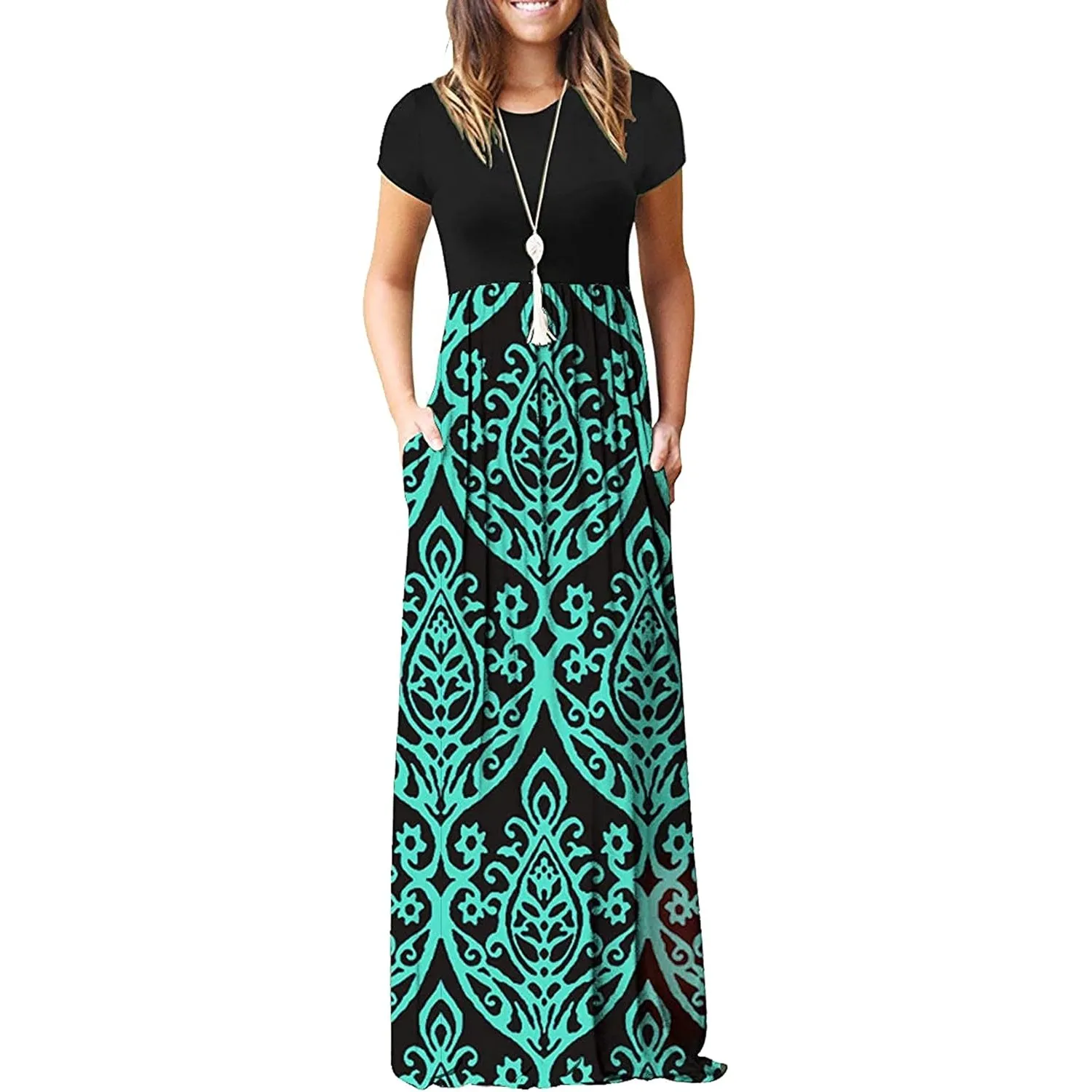 AUSELILY Damen Kurzarm Sommer Casual Long Maxi Kleider mit Taschen | Ganzjähriges Tragen, solider Blumendruck, Freizeit…