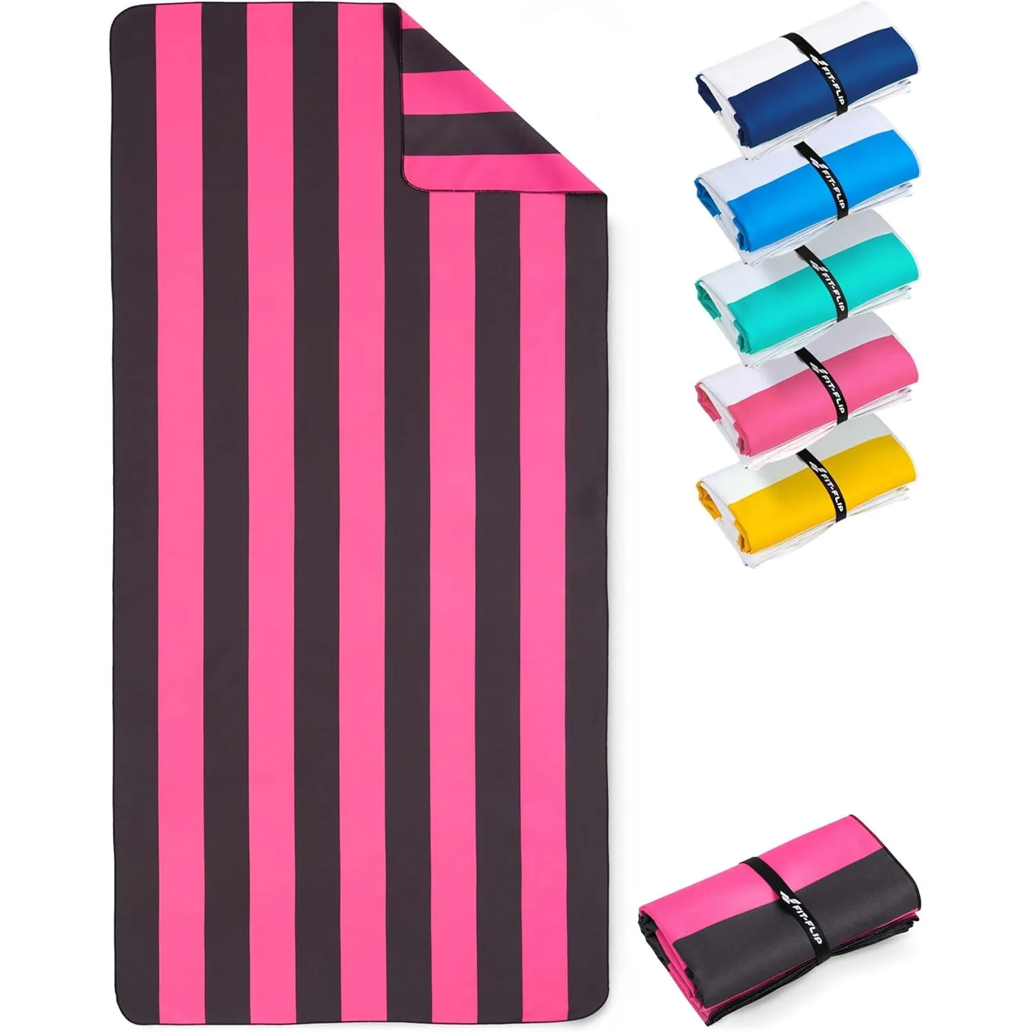 Fit-Flip Strandtuch XXL Mikrofaser leicht und schnelltrocknend | Pink-Dunkelgrau gestreift 200x90cm, Strandhandtuch, 10…