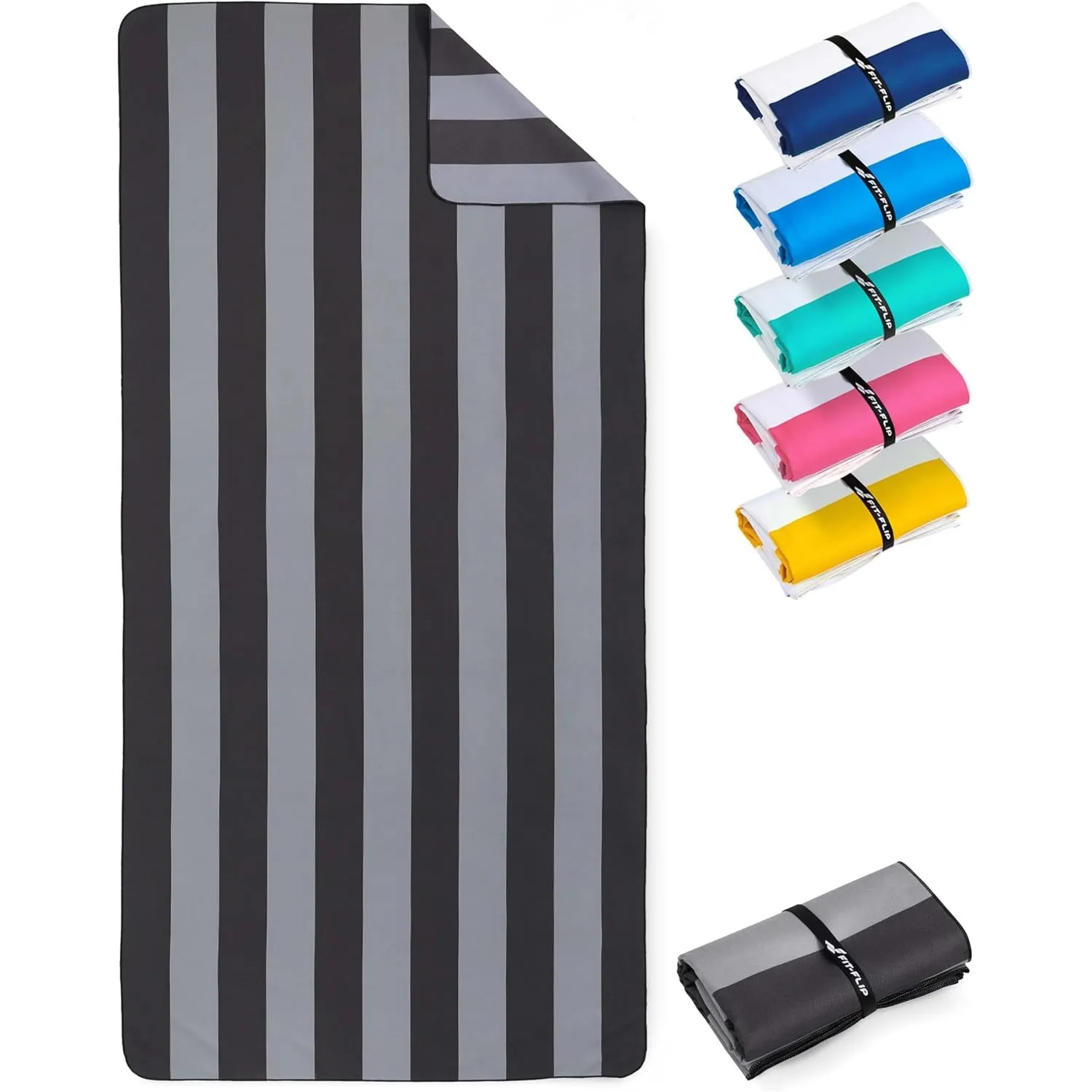 Fit-Flip Strandtuch XXL Mikrofaser leicht und schnelltrocknend | Grau-Dunkelgrau gestreift 200x90cm, Strandhandtuch, 10…