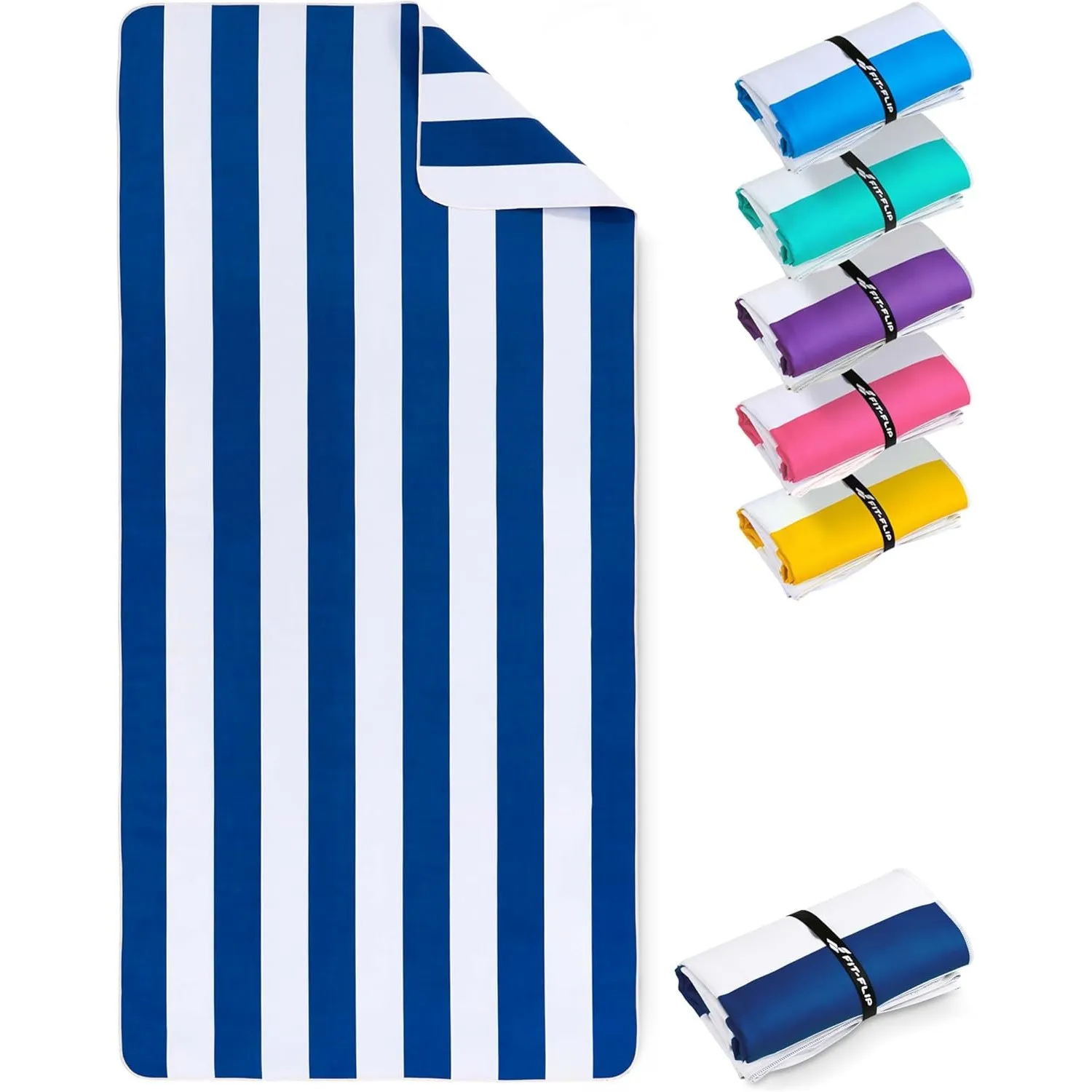 Fit-Flip Strandtuch XXL Mikrofaser leicht und schnelltrocknend | Marineblau-Weiß gestreift 200x90cm, Strandhandtuch, 10…