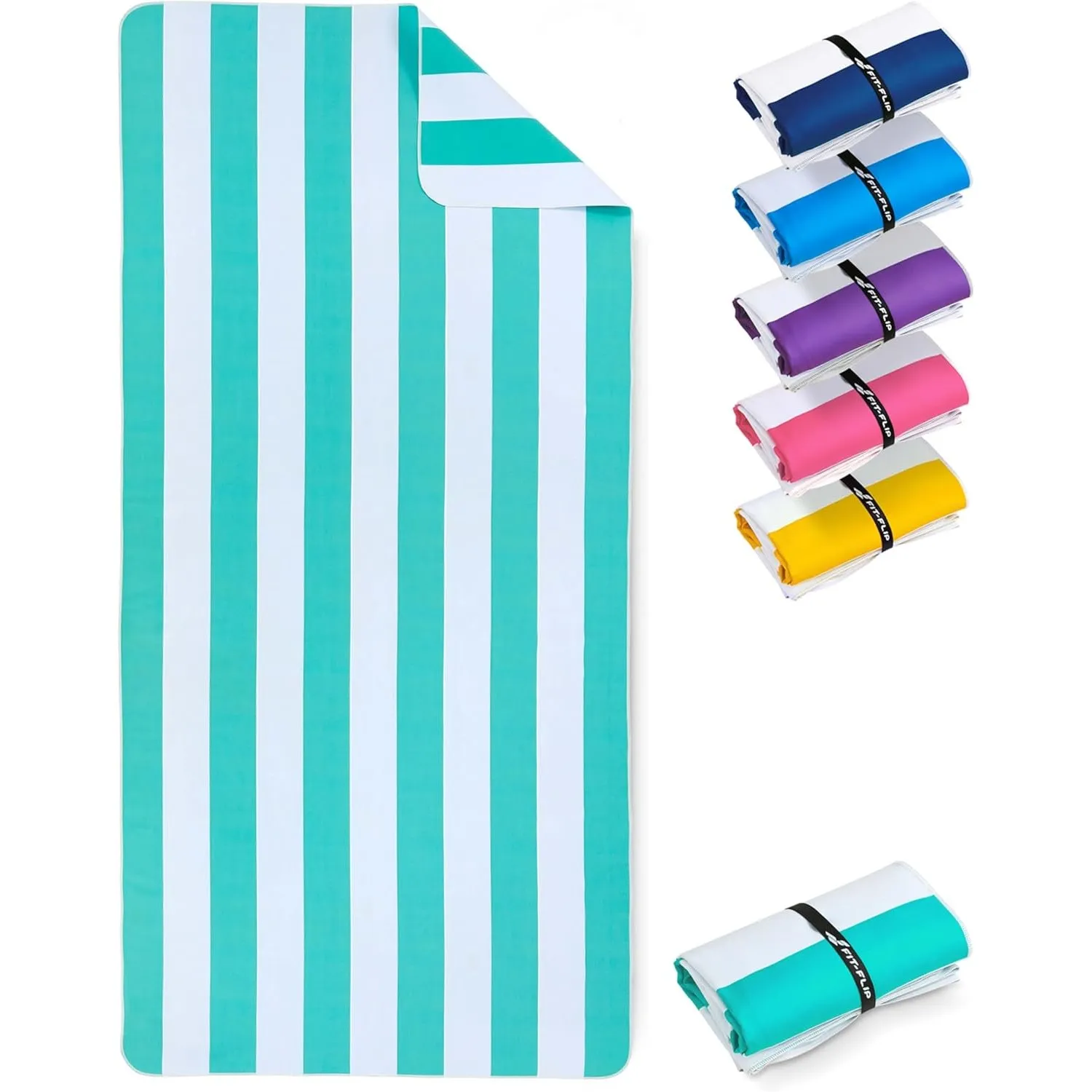 Fit-Flip Strandtuch XXL Mikrofaser leicht und schnelltrocknend | Türkis-Weiß gestreift 200x90cm, Strandhandtuch, 100% r…