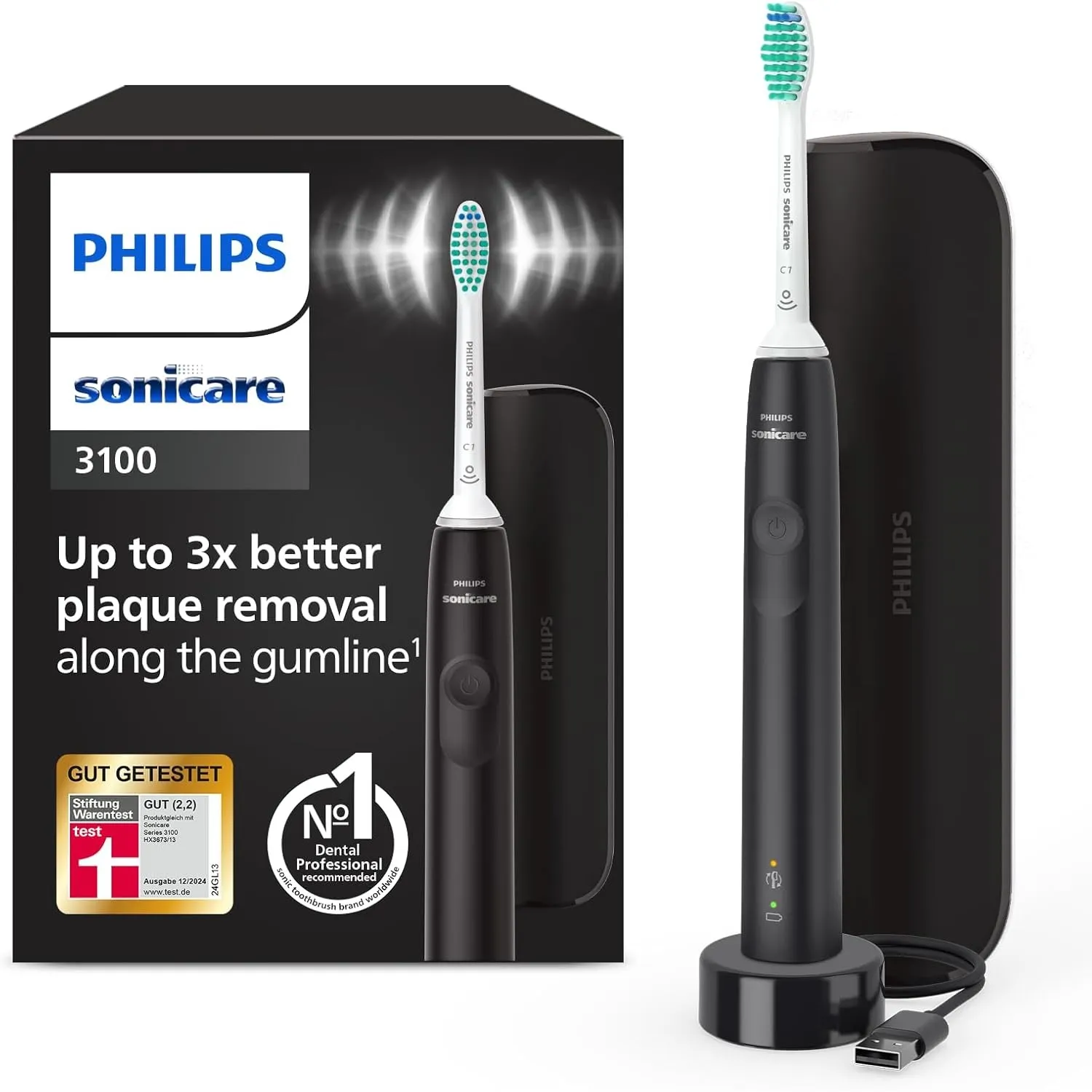Philips Sonicare 3100 elektrische Zahnbürste, Schallzahnbürste, Andruckkontrolle und Timer, Reiseetui, Schwarz, HX3673/…