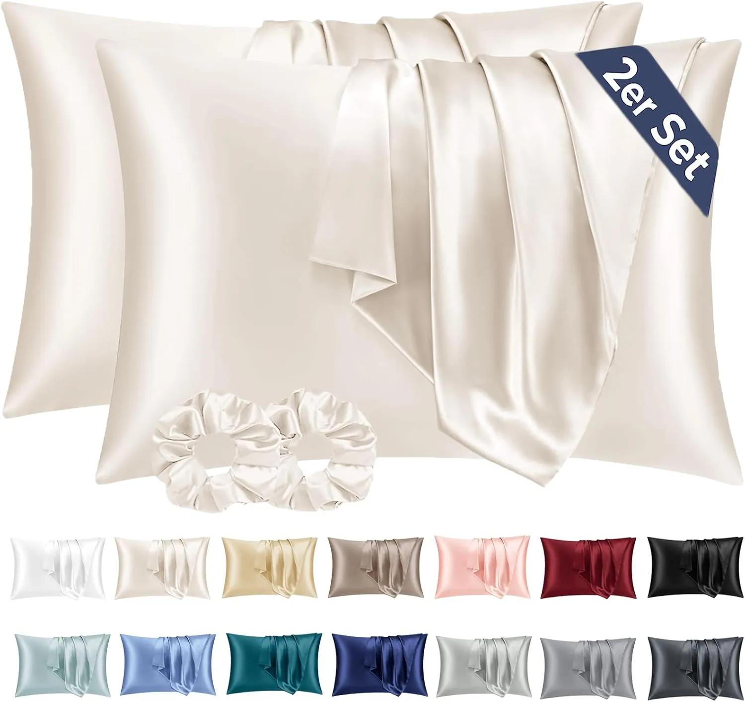 Vielit Set of 2 Pillowcases, 40 x 80 cm, Beige, Soft as Silk, Easy-Care, for Hair and Skin, with 2 Scrunchies