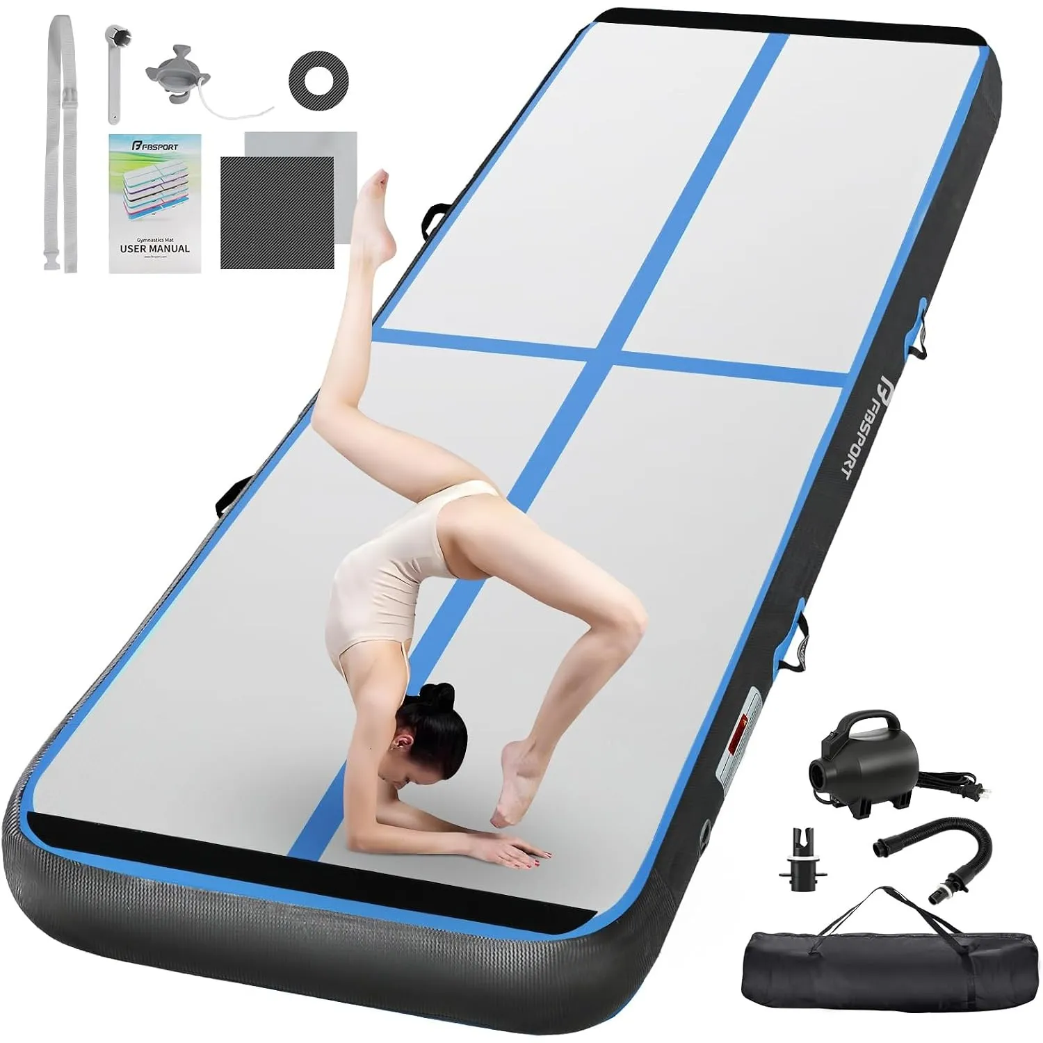 FBSPORT Airtrack Matte,10/20cm Hoch Verdicken 2/3/4/5/6 M Tumbling Matte,Gymnastikmatte mit Luftpumpe,Trainingsmatte mi…