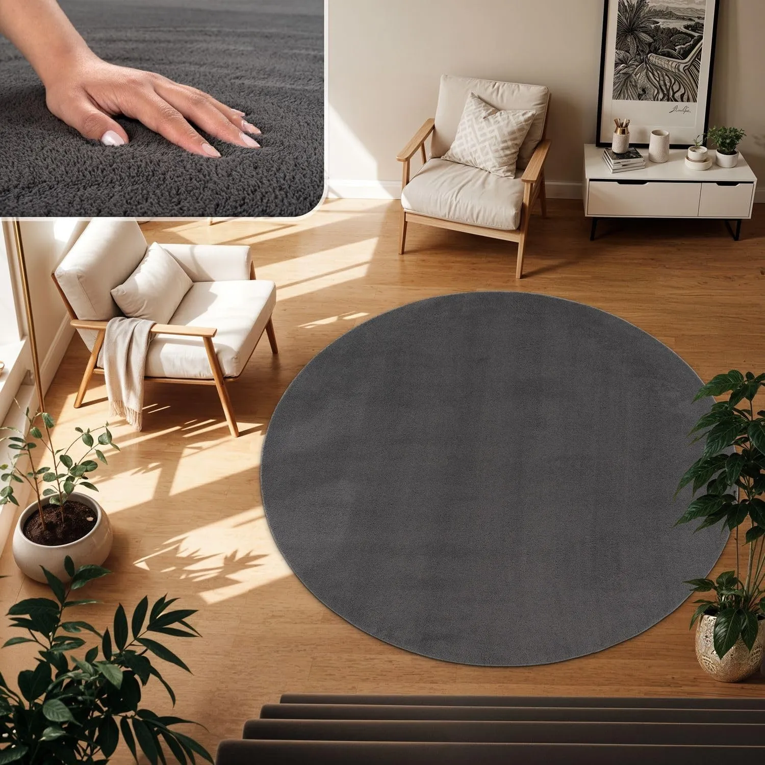 TT Home Wohnzimmer Teppich Kurzflor Anti-Rutsch Rückseite Unifarben Modern Waschbar, Farbe: Anthrazit, Größe:160 cm Rund
