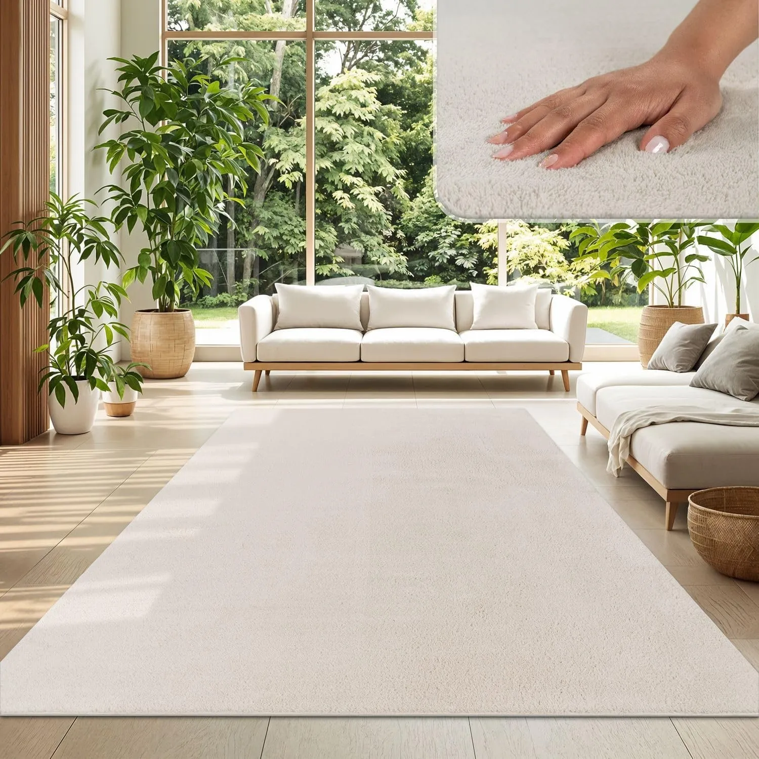 TT Home Teppich Wohnzimmer Creme 200x280 cm, Waschbar & Kurzflor