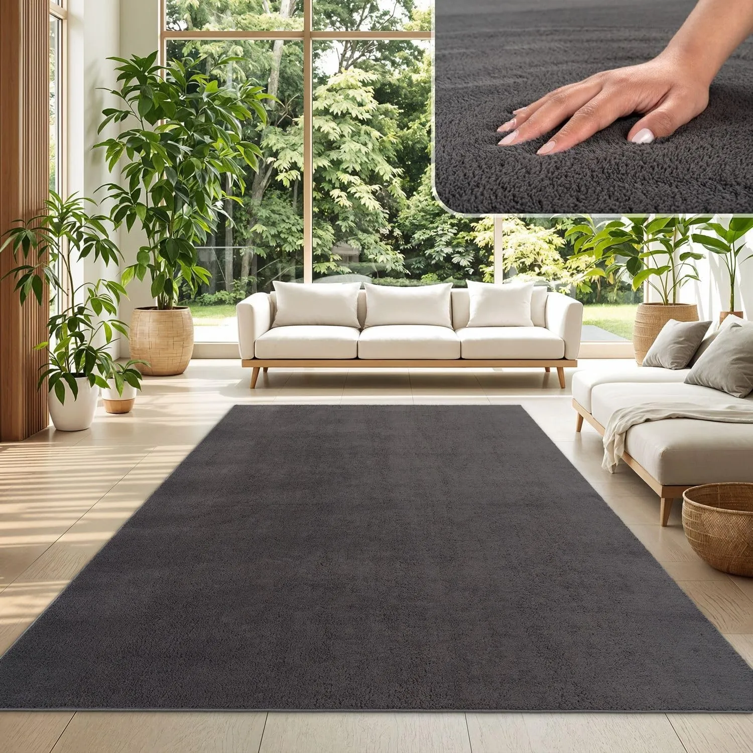 TT Home Teppich Wohnzimmer Anthrazit 140x200 cm, Waschbar & Kurzflor