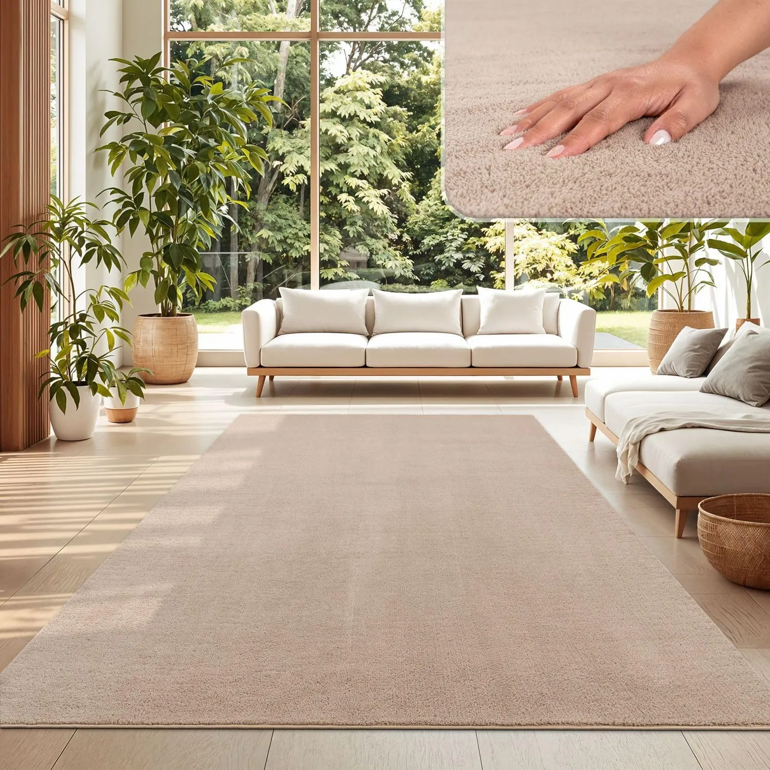 TT Home Wohnzimmer Teppich Kurzflor Anti-Rutsch Rückseite Unifarben Modern Waschbar, Farbe: Beige, Größe:200x280 cm