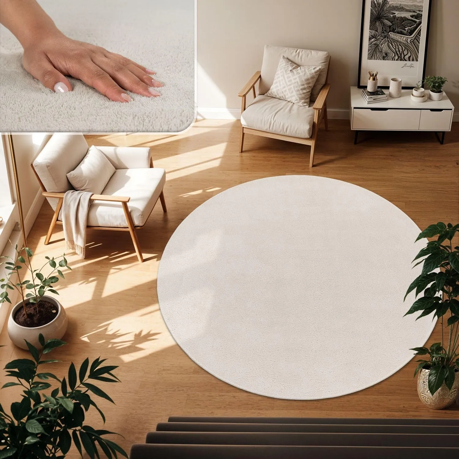 TT Home Teppich Wohnzimmer Creme 160 cm Rund, Waschbar & Kurzflor
