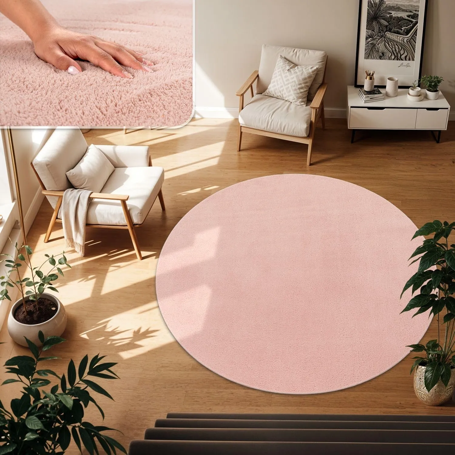 TT Home Teppich Wohnzimmer Rosa 160 cm Rund, Waschbar & Kurzflor