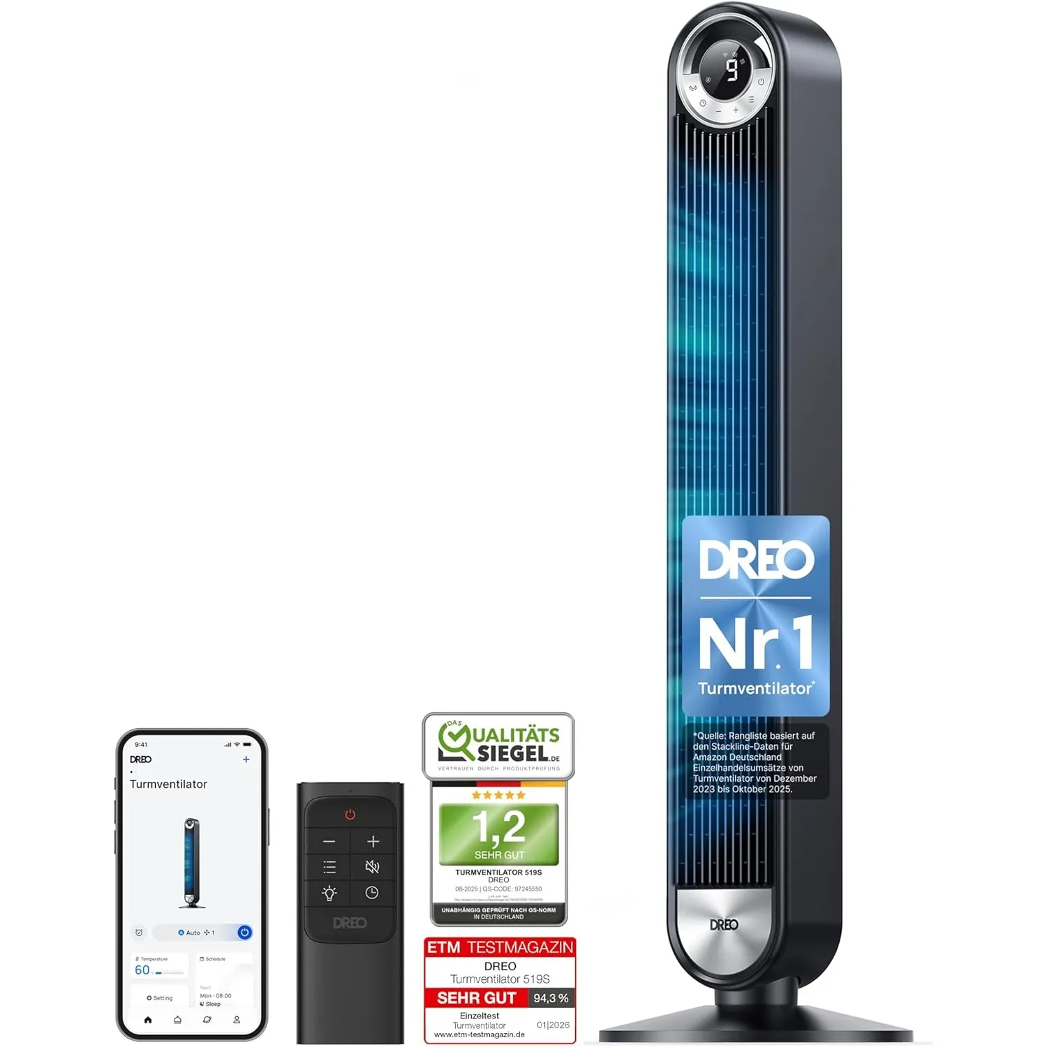 DREO 25 dB Leiser Smart Turmventilator, 106cm Höhe 4 Modi 9-Geschwindigkeit Max 7,9m/s 12H Timer 90° Oszillierender Ven…