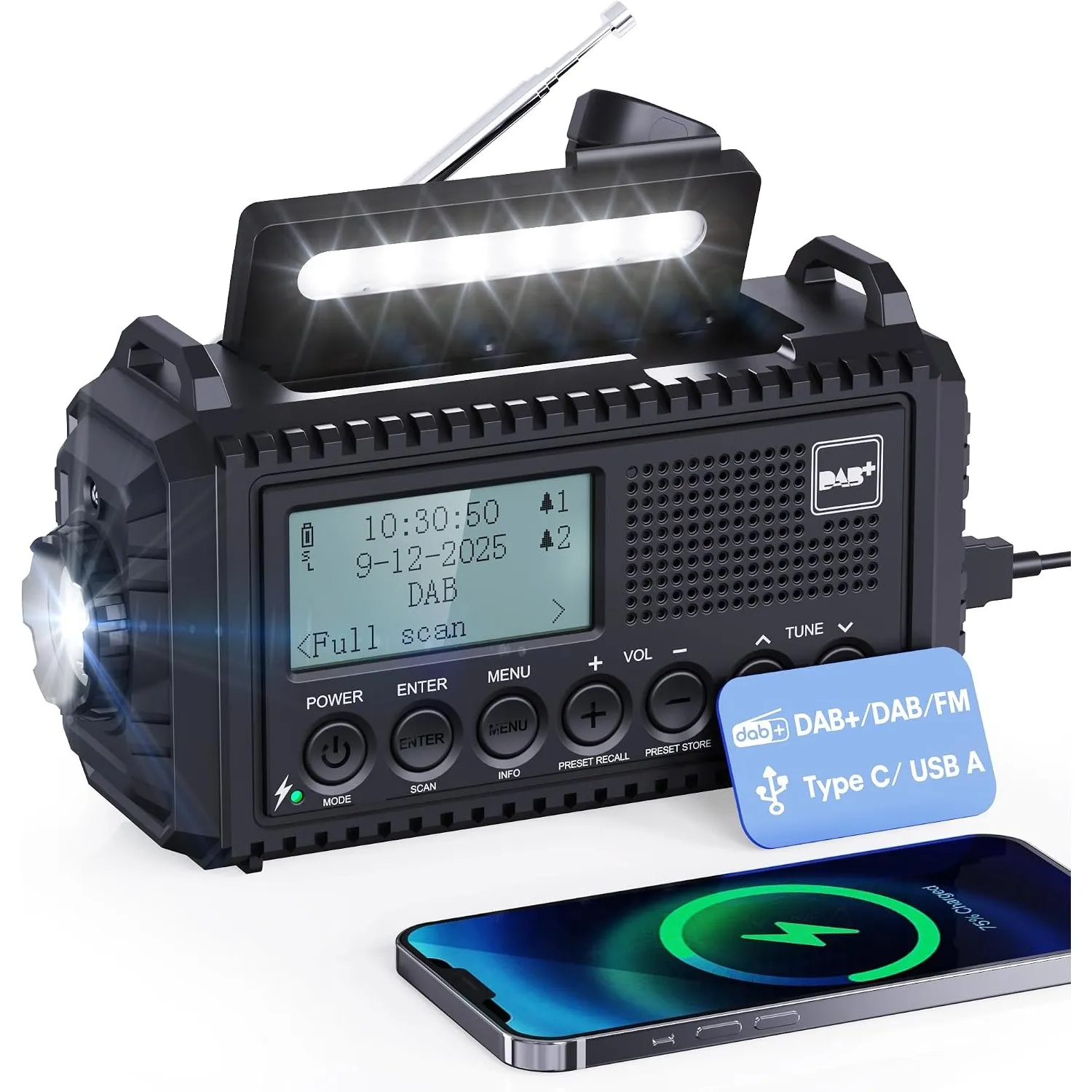 Kurbelradio DAB/UKW, Tragbare Solar Radio mit LED Taschenlampe & Leselicht, DAB+/FM Dynamo Radio IPX4, 5000mAh Wiederau…