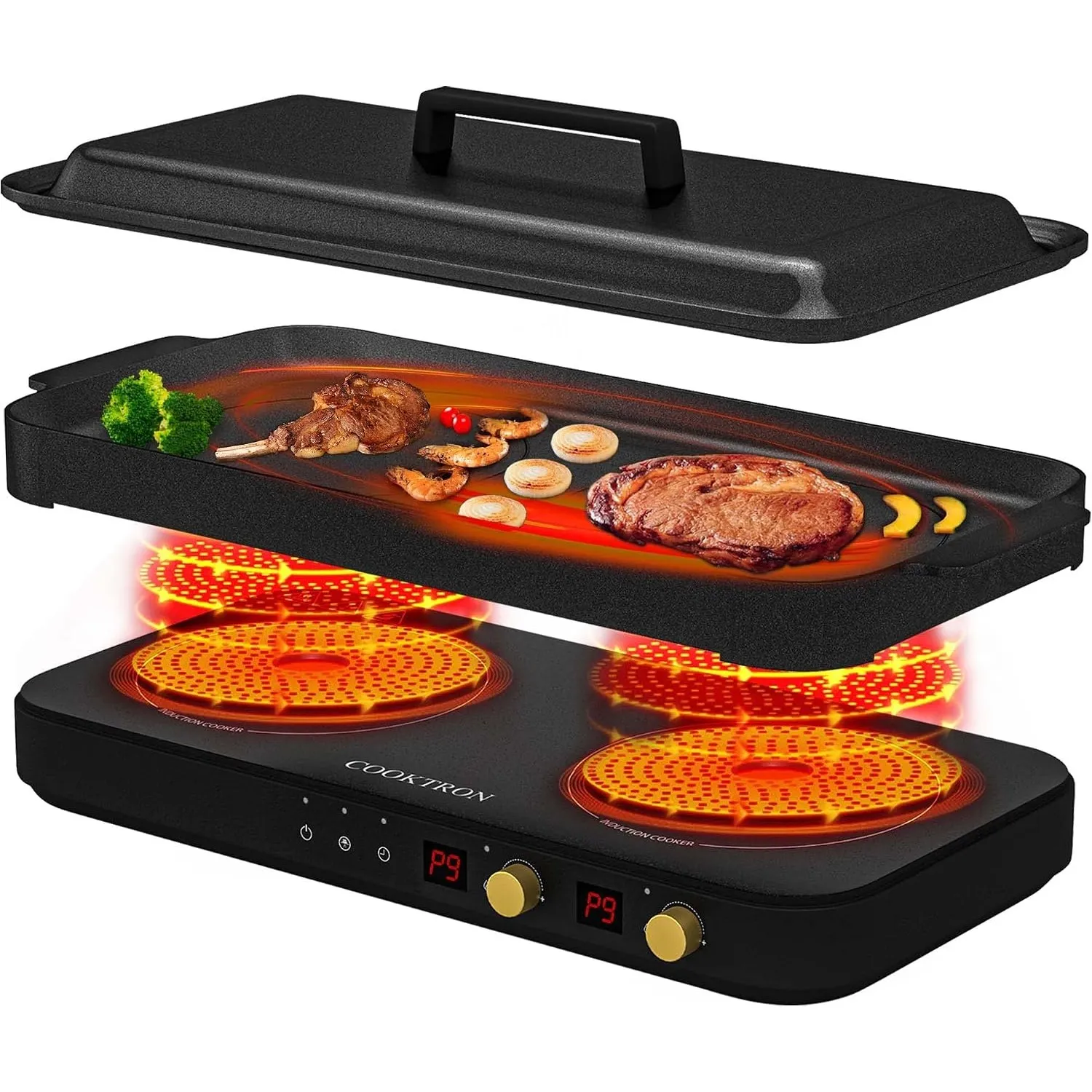 COOKTRON Portable Induktionskochfeld 2 Brenner mit abnehmbarem Eisen Guss Grillpfanne Antihaft, 2800W Doppelinduktionsk…